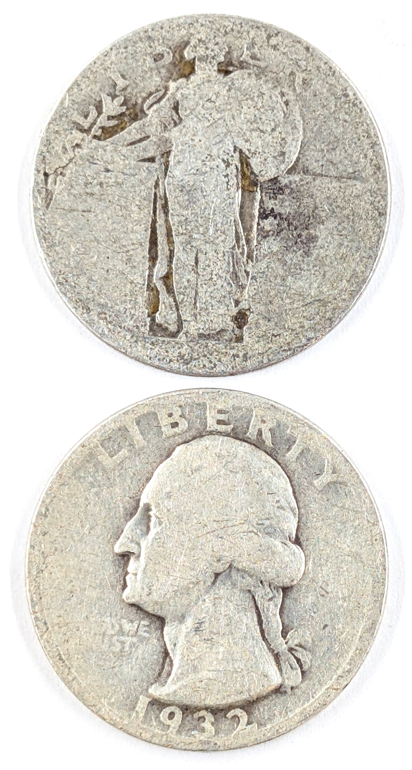 Lot of 2 Silver Quarters- No Date Standing Quarter, 1932 Washington Quarter: _