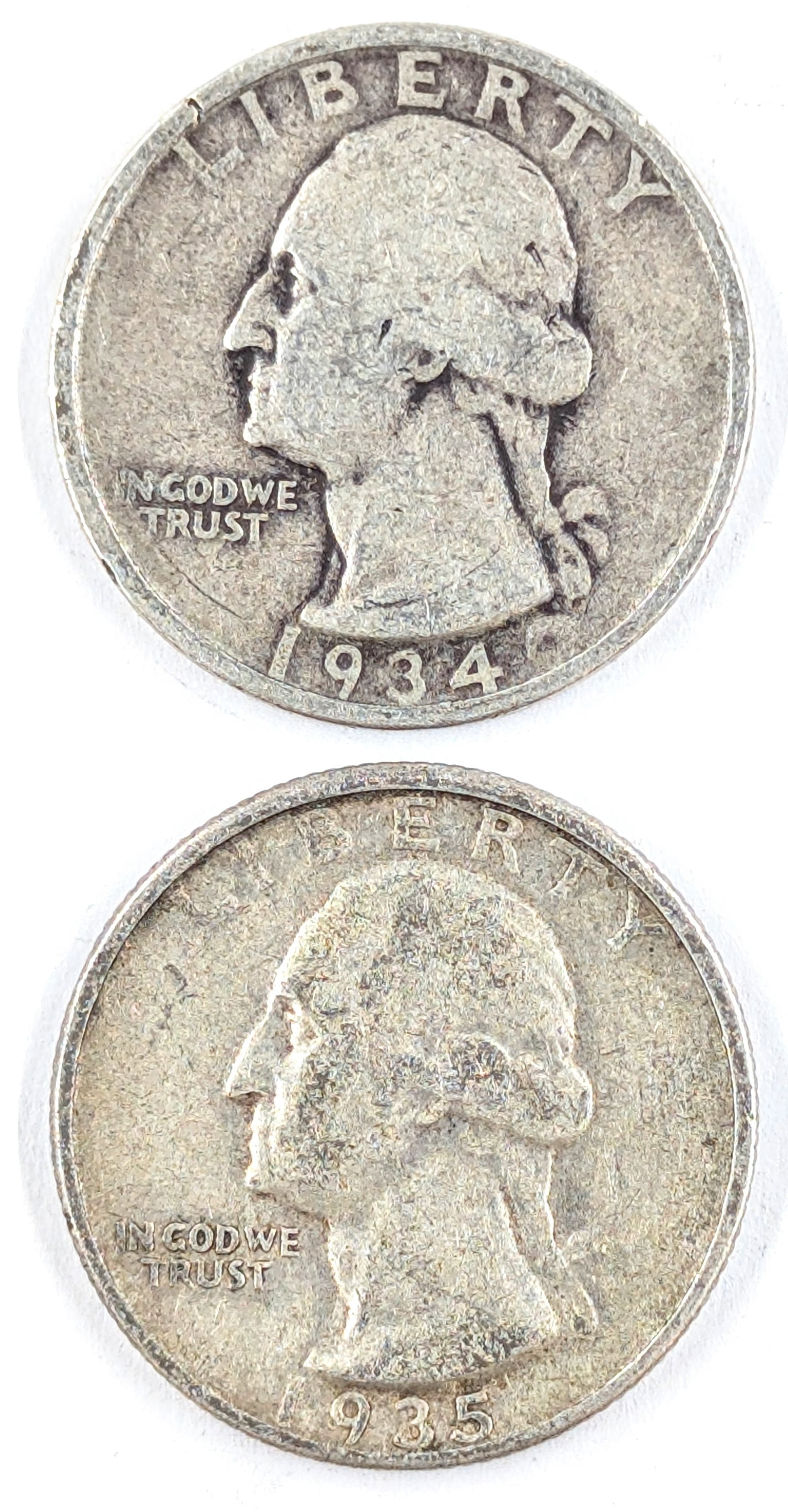 Lot of 2 Silver Washington Quarters- 1934, 1935: _