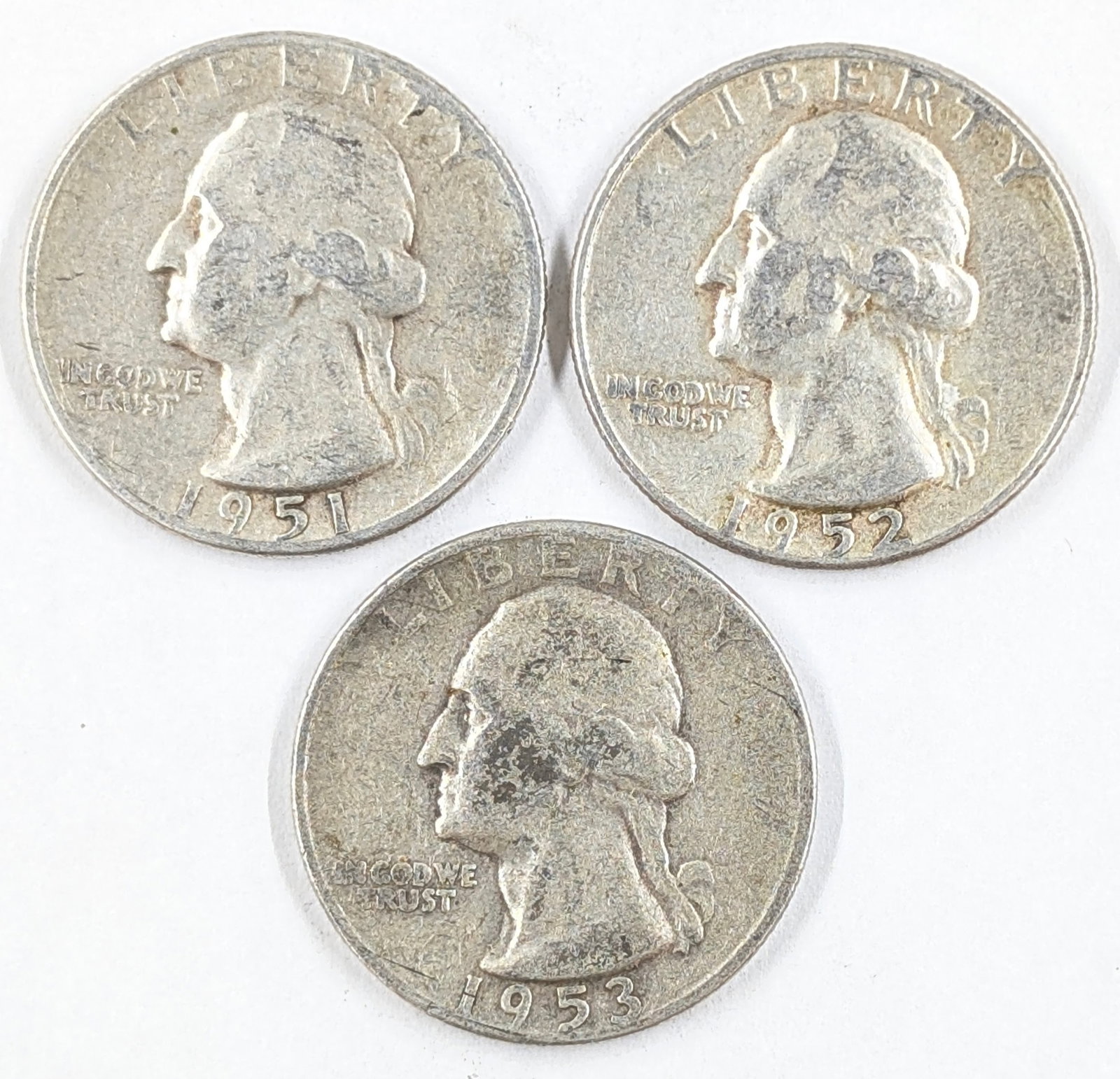 Lot of 3 Silver Washington Quarters- 1951-S, 1952, 1953-D: _