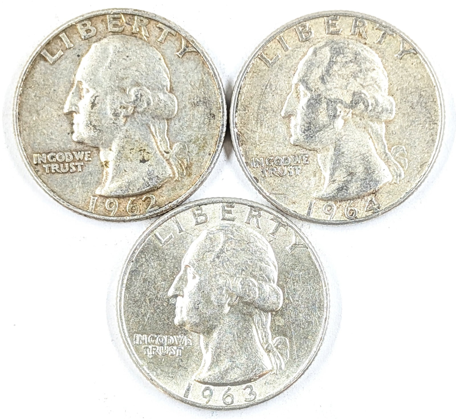 Lot of 3 Silver Washington Quarters- 1962-D, 1964, 1963-S: _