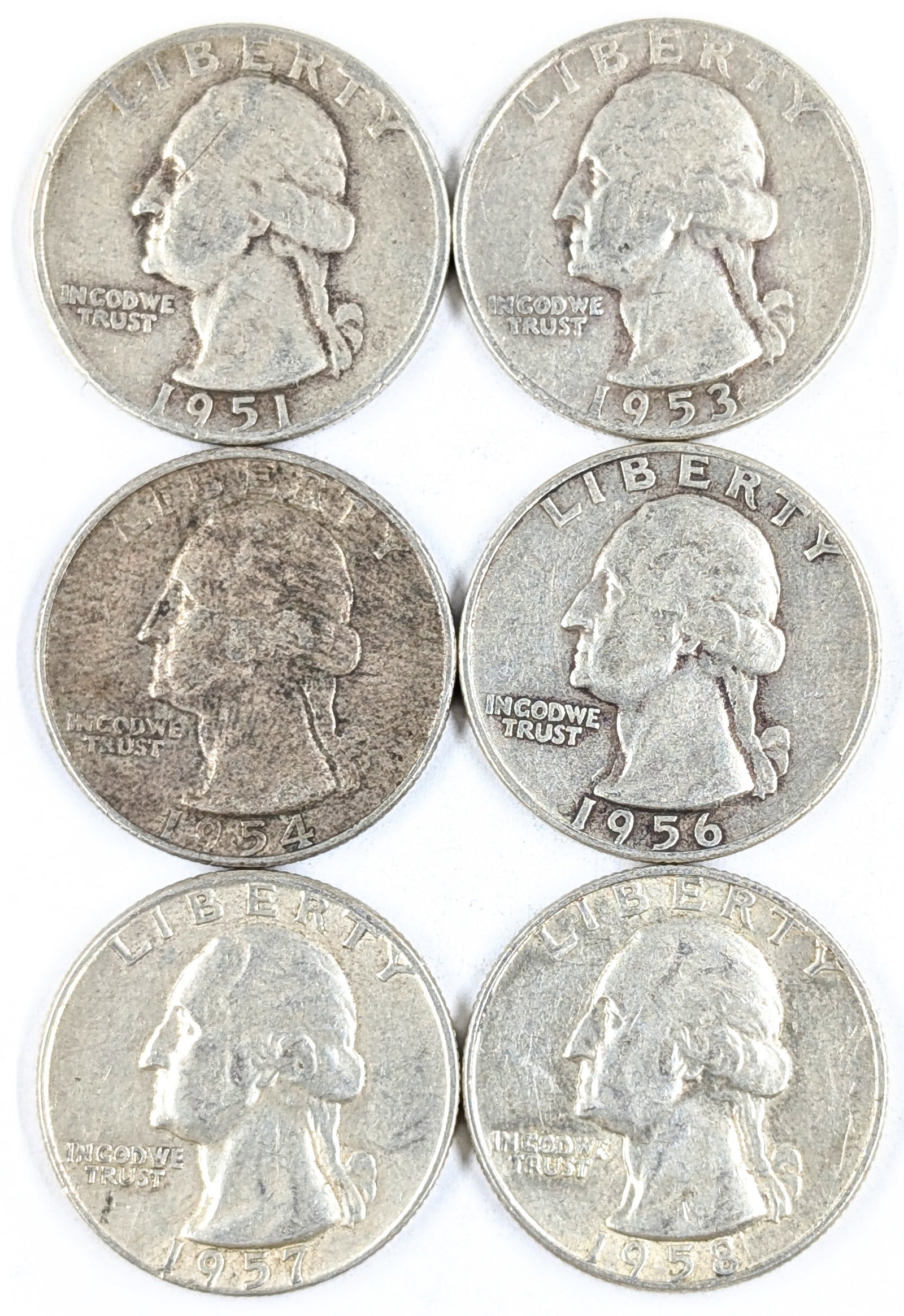 Lot of 6 Silver Washington Quarters- 1951-1958: _