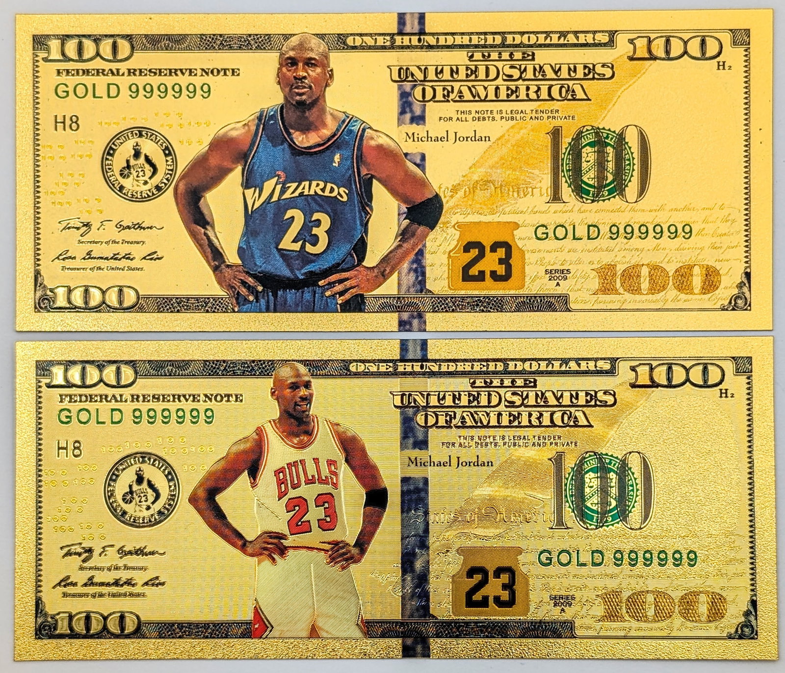 Lot of 2 Michael Jordan Gold foils $100 designs: _