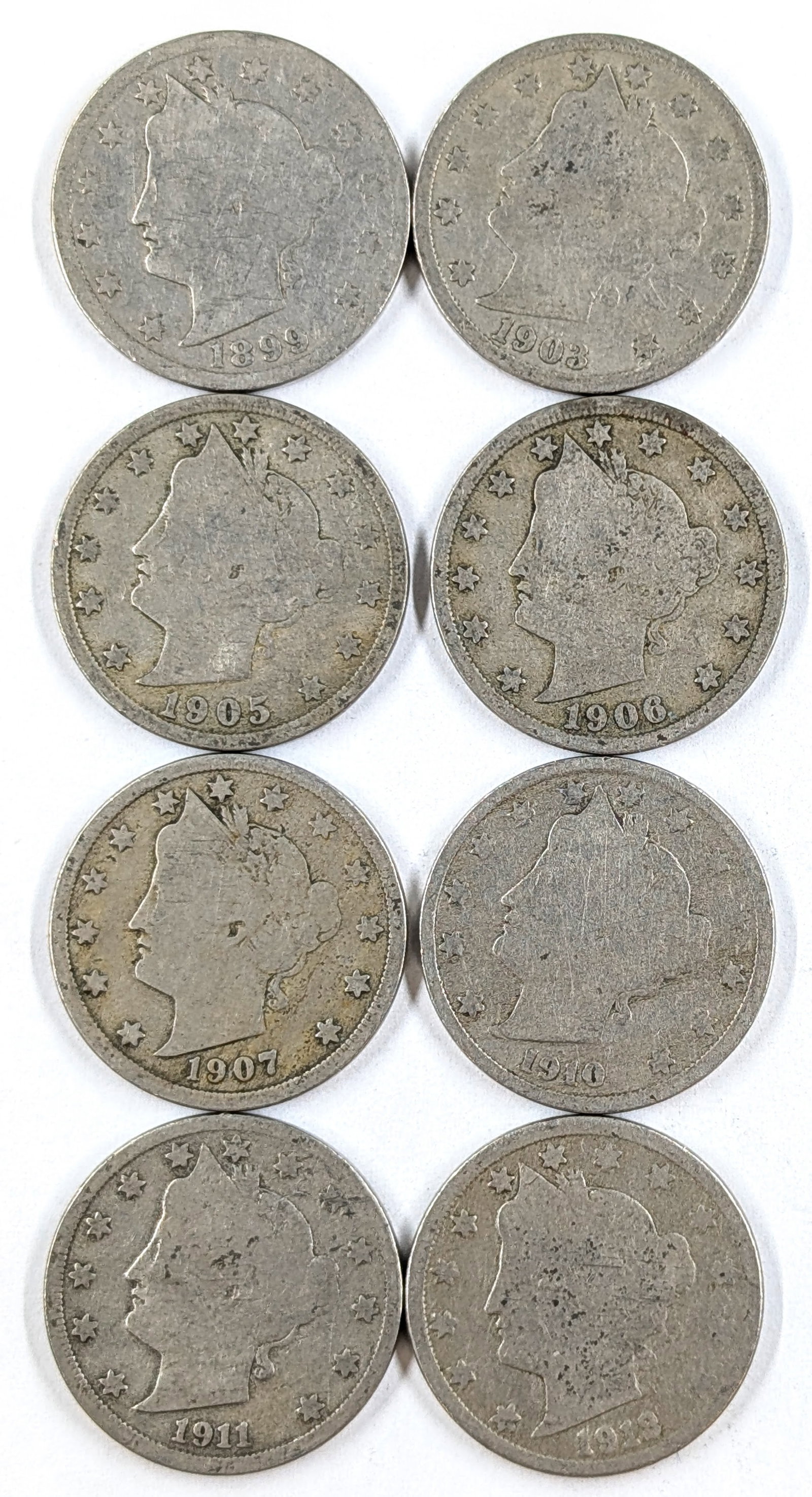 Lot of 8 Liberty V Nickels- 1899-1913: _