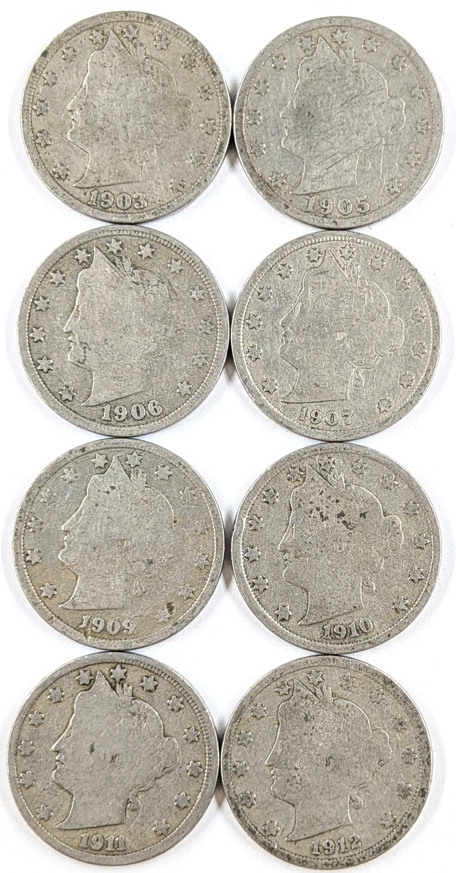 Lot of 8 Liberty V Nickels- 1903-1912: _