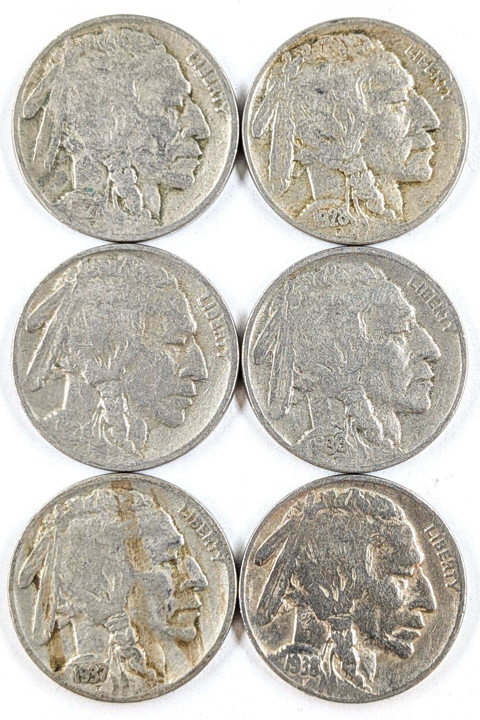 Lot of 6 Buffalo Head Nickels- 1927-1938 (1 of 2)