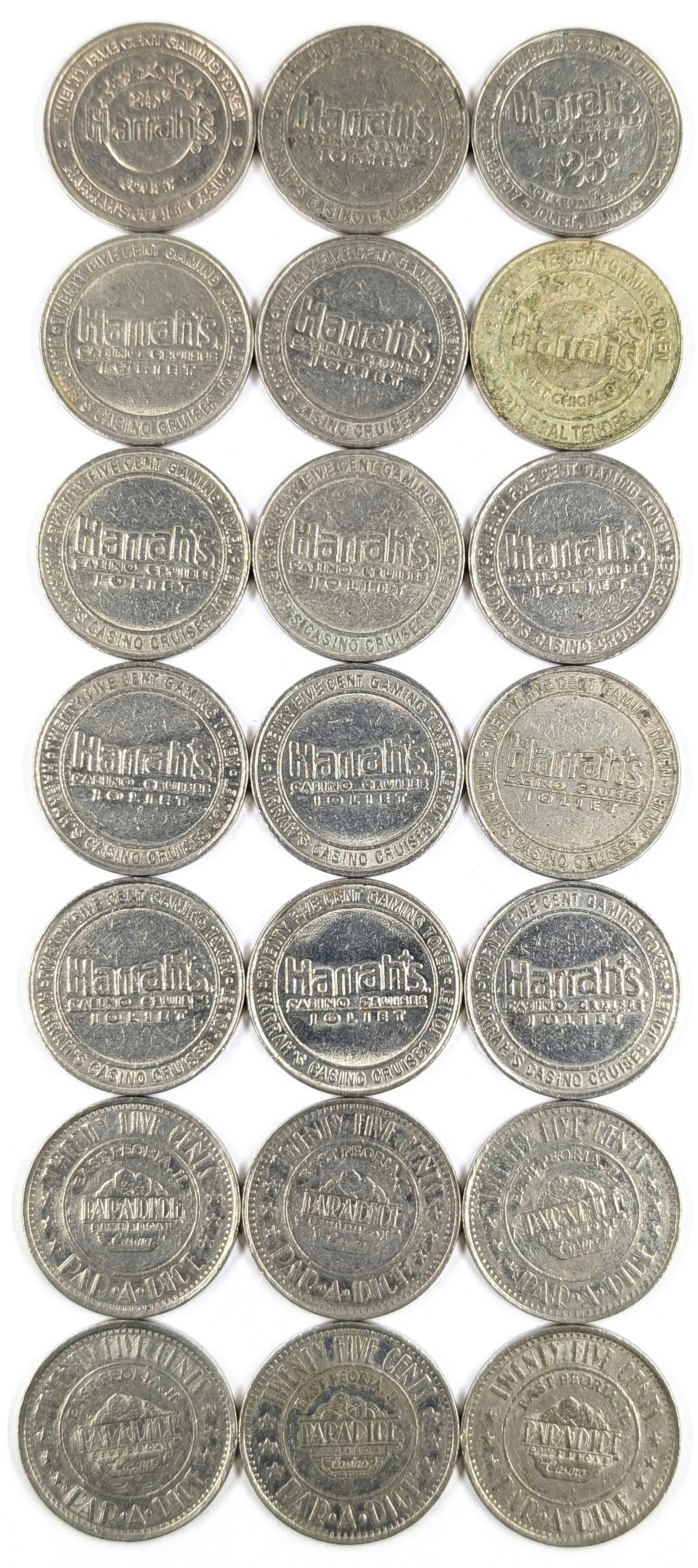 Lot of 21 - 25 Cents Casino/Gaming Tokens- Harrah's, Paradice: _