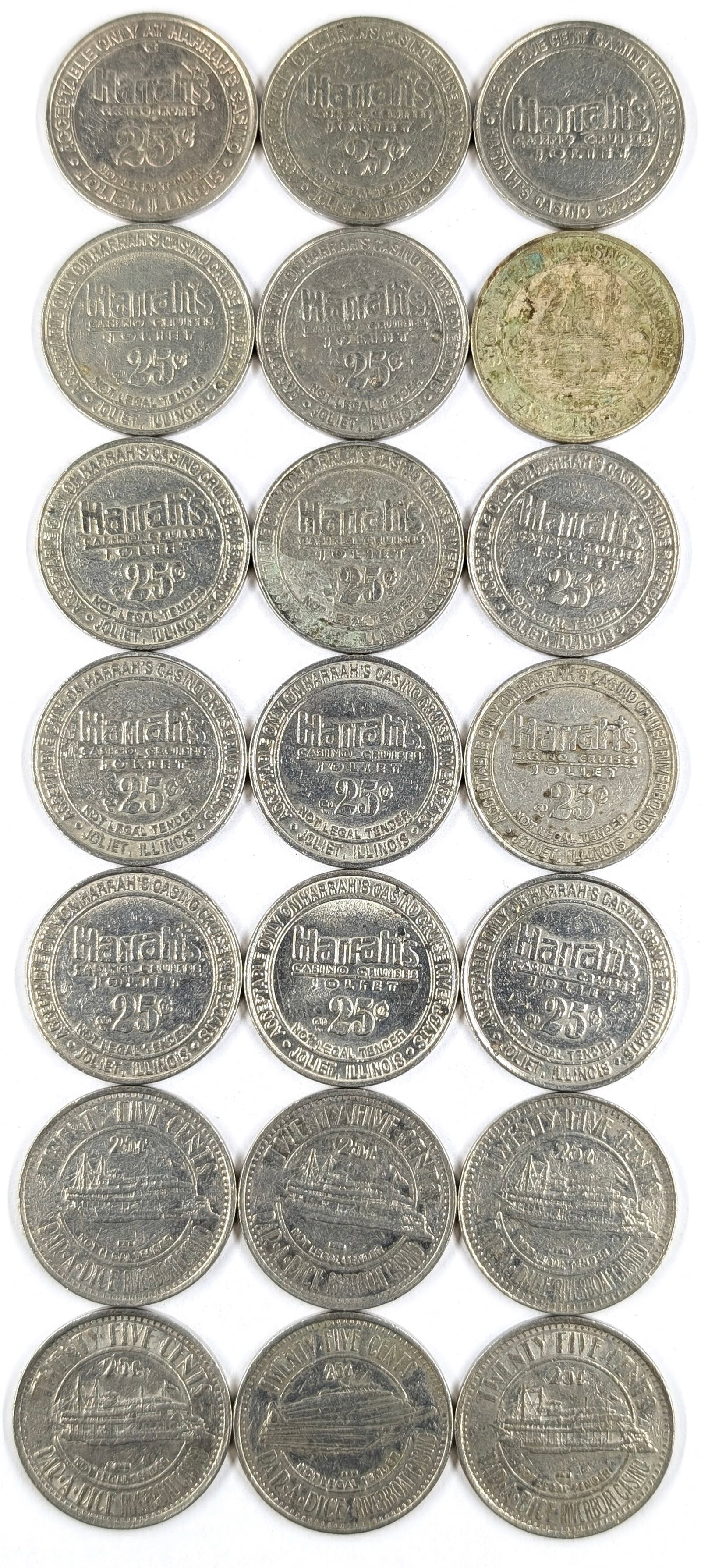 Lot of 21 - 25 Cents Casino/Gaming Tokens- Harrah's, Paradice - 2