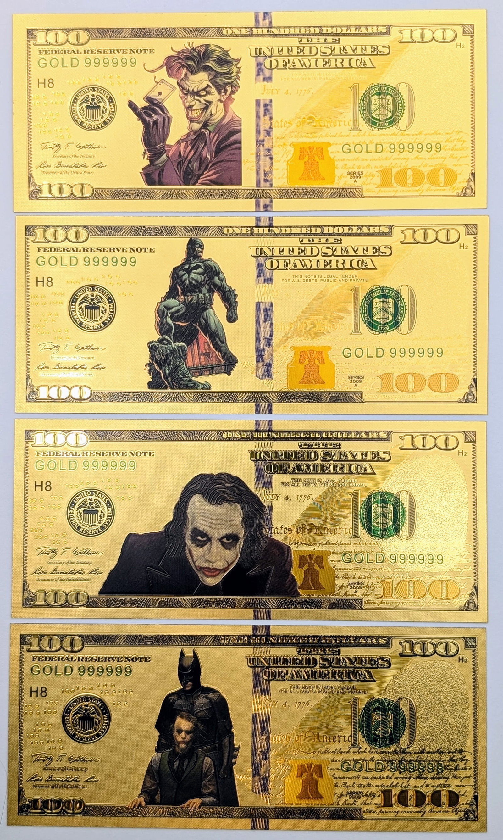 Lot of 4 Batman & Joker Gold foils $100 designs: _