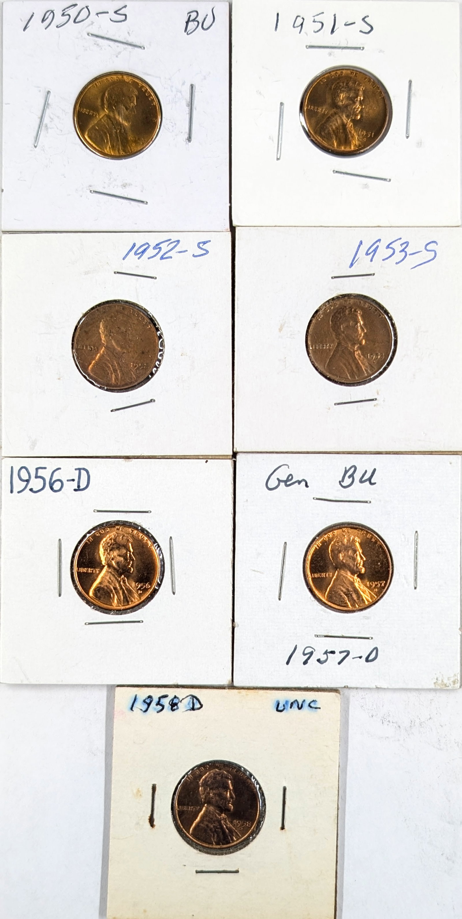 Lot of 7 Wheat Cents- 1950-1958: Most Uncirculated