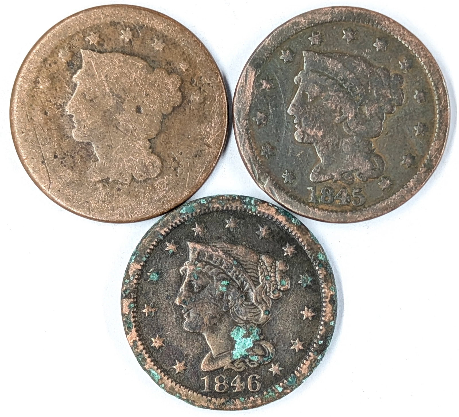 Lot of 3 Large Cents- No Date, 1845, 1846: _