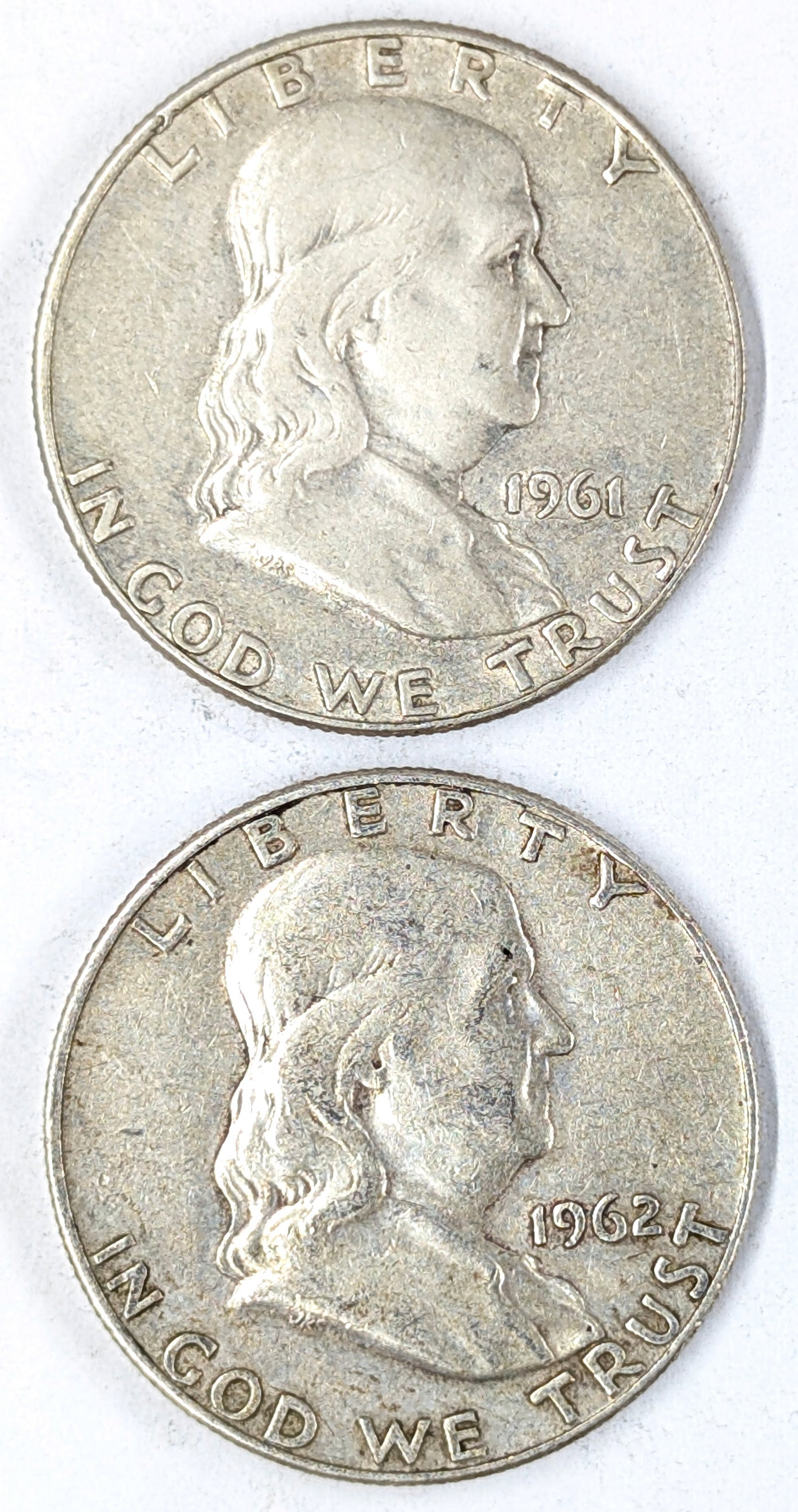 Lot of 2 Silver Franklin Half Dollars- 1961-D,1962-D (1 of 2)