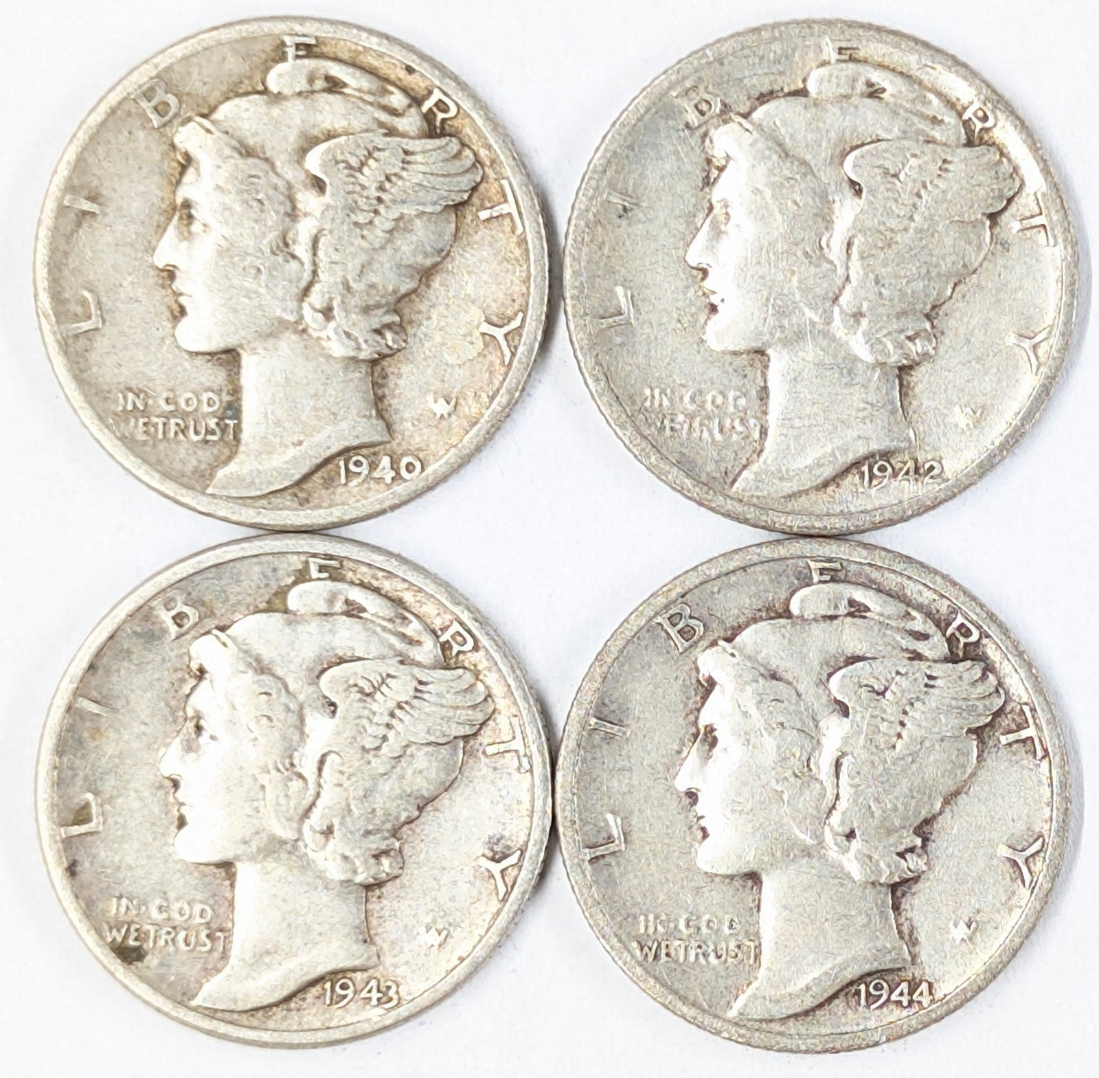 Lot of 4 Silver Mercury Dimes- 1940-1944: _