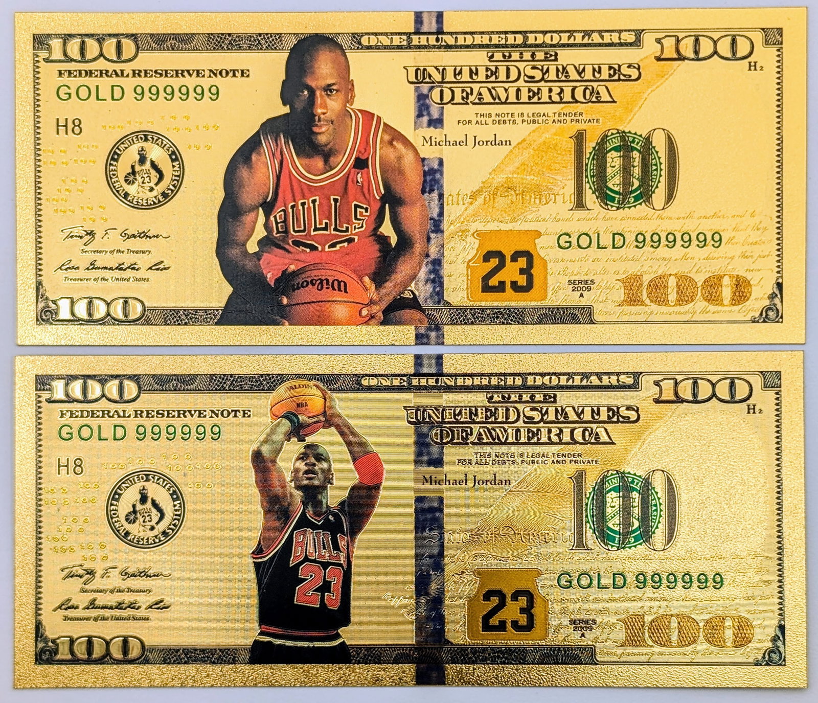 Lot of 2 Michael Jordan Gold foil $100 designs: _