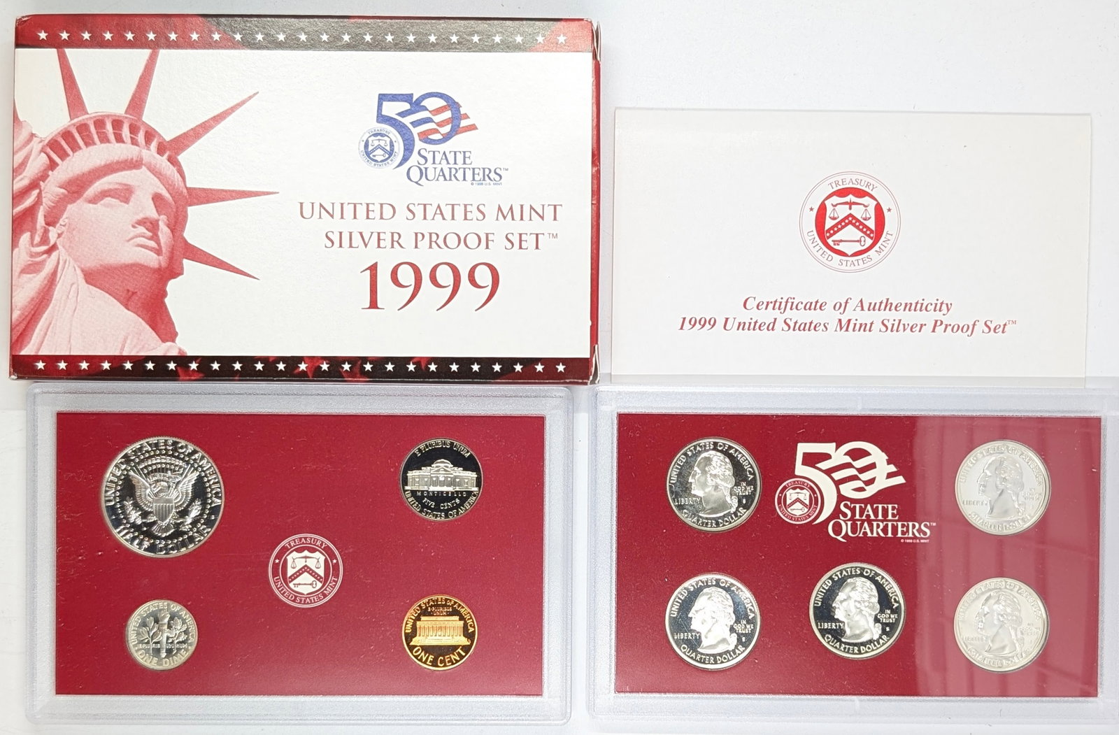 1999 Silver US Mint Proof Set w/ Silver Half, 5 Quarters & Dime & COA - 2