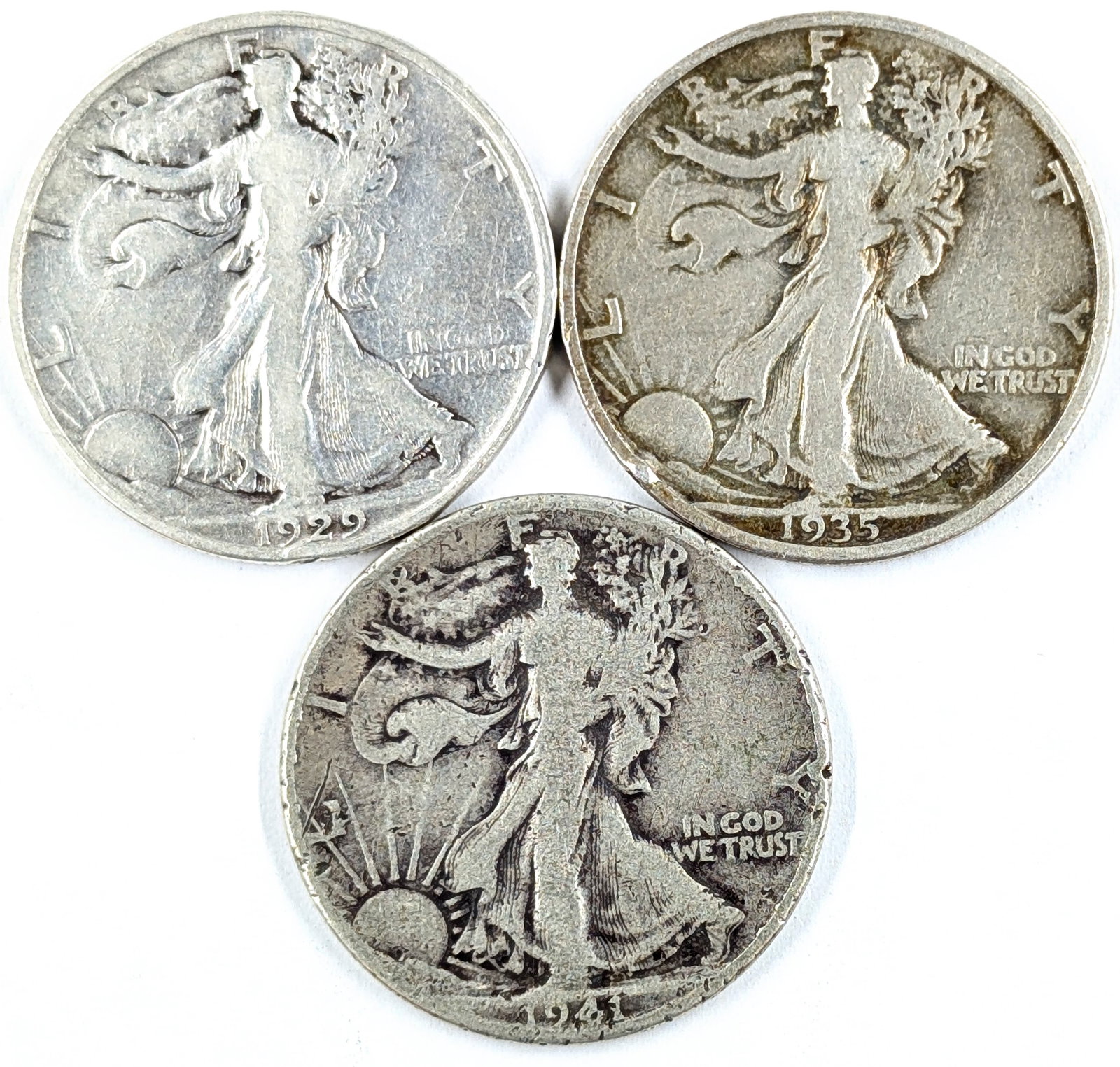 Lot of 3 Silver Walking Liberty Half Dollars- 1929-D, 1935, 1941-D: Silver