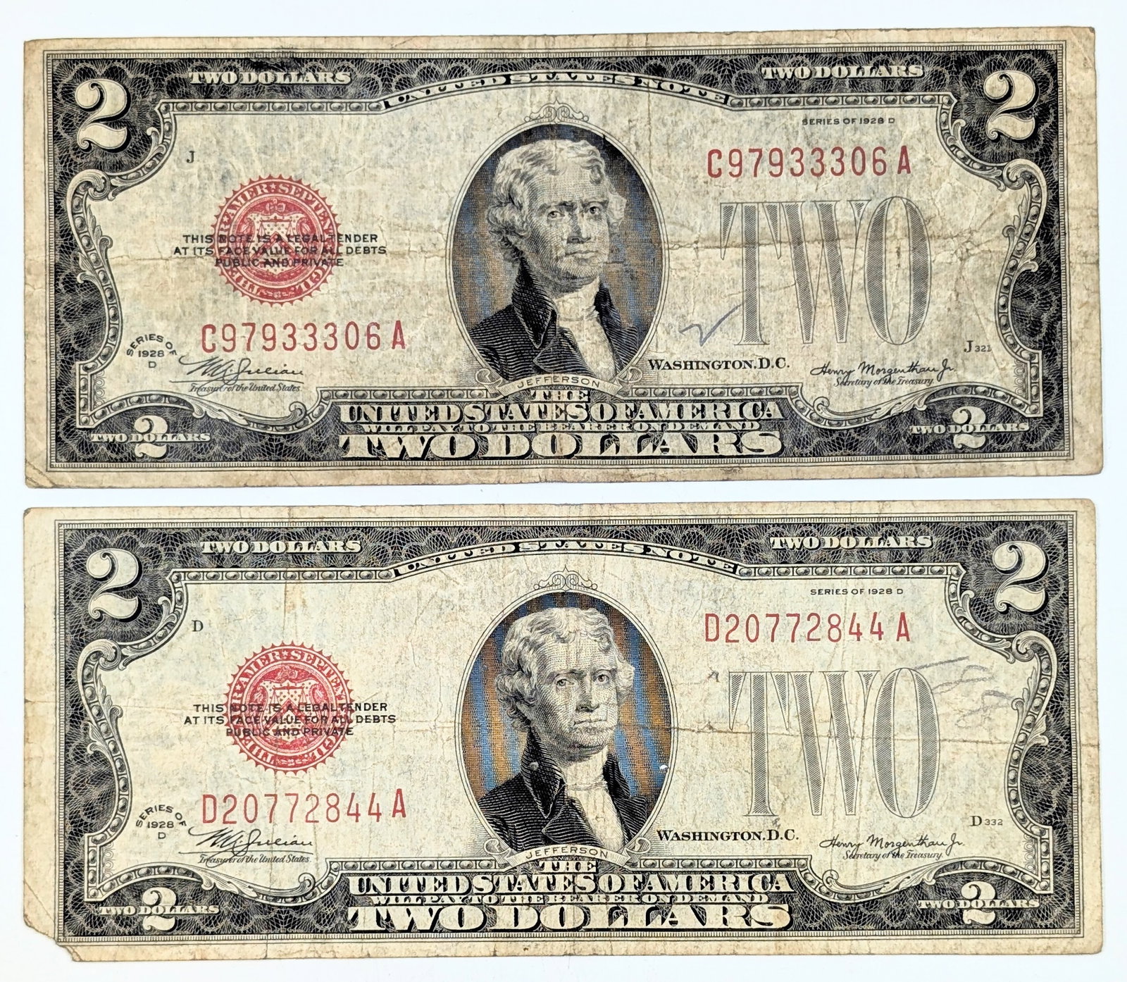 Lot of 2- 1928 D $2 Notes - Red Seals: Circulated