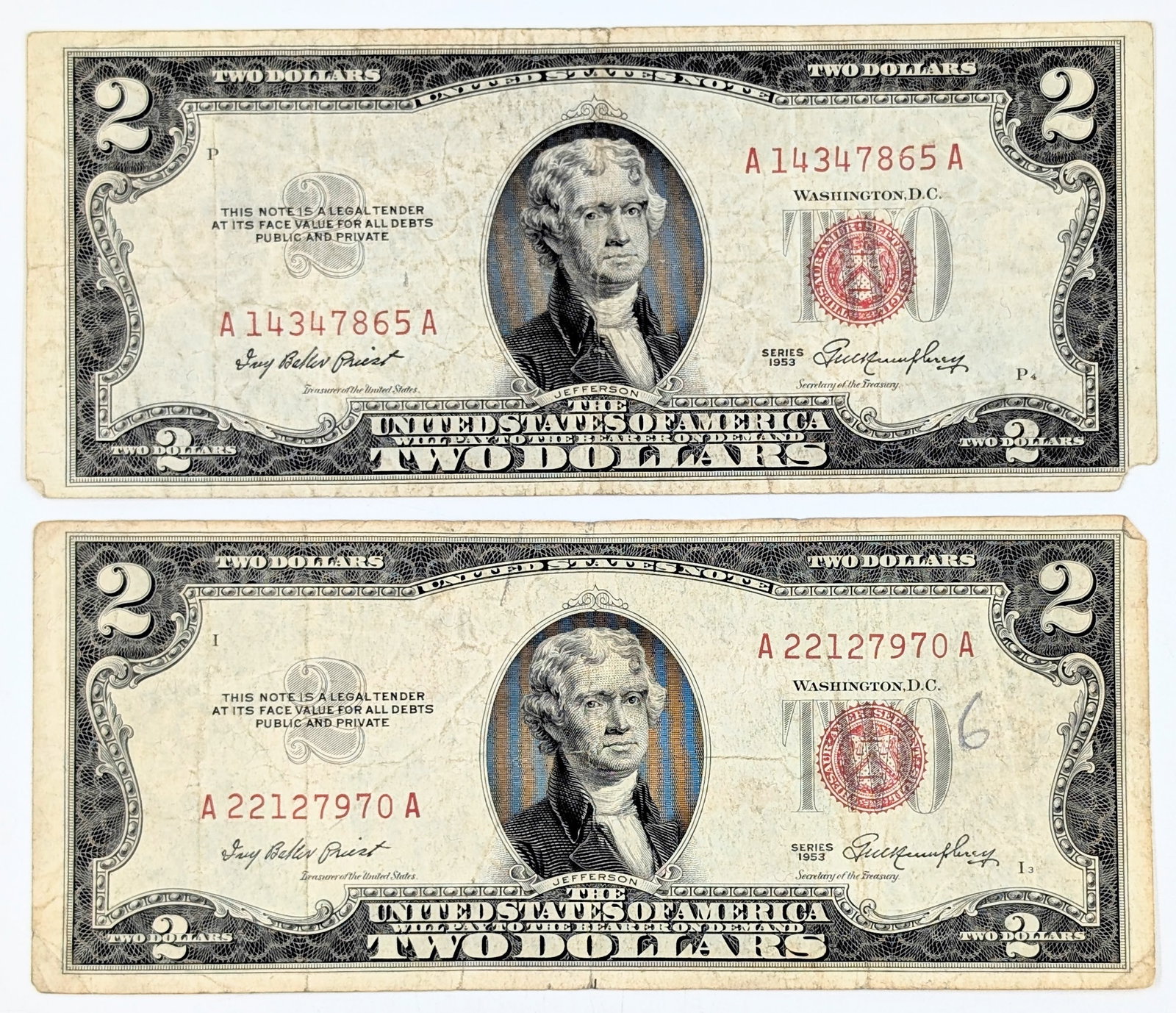 Lot of 2- 1953 $2 Notes - Red Seals (1 of 2)