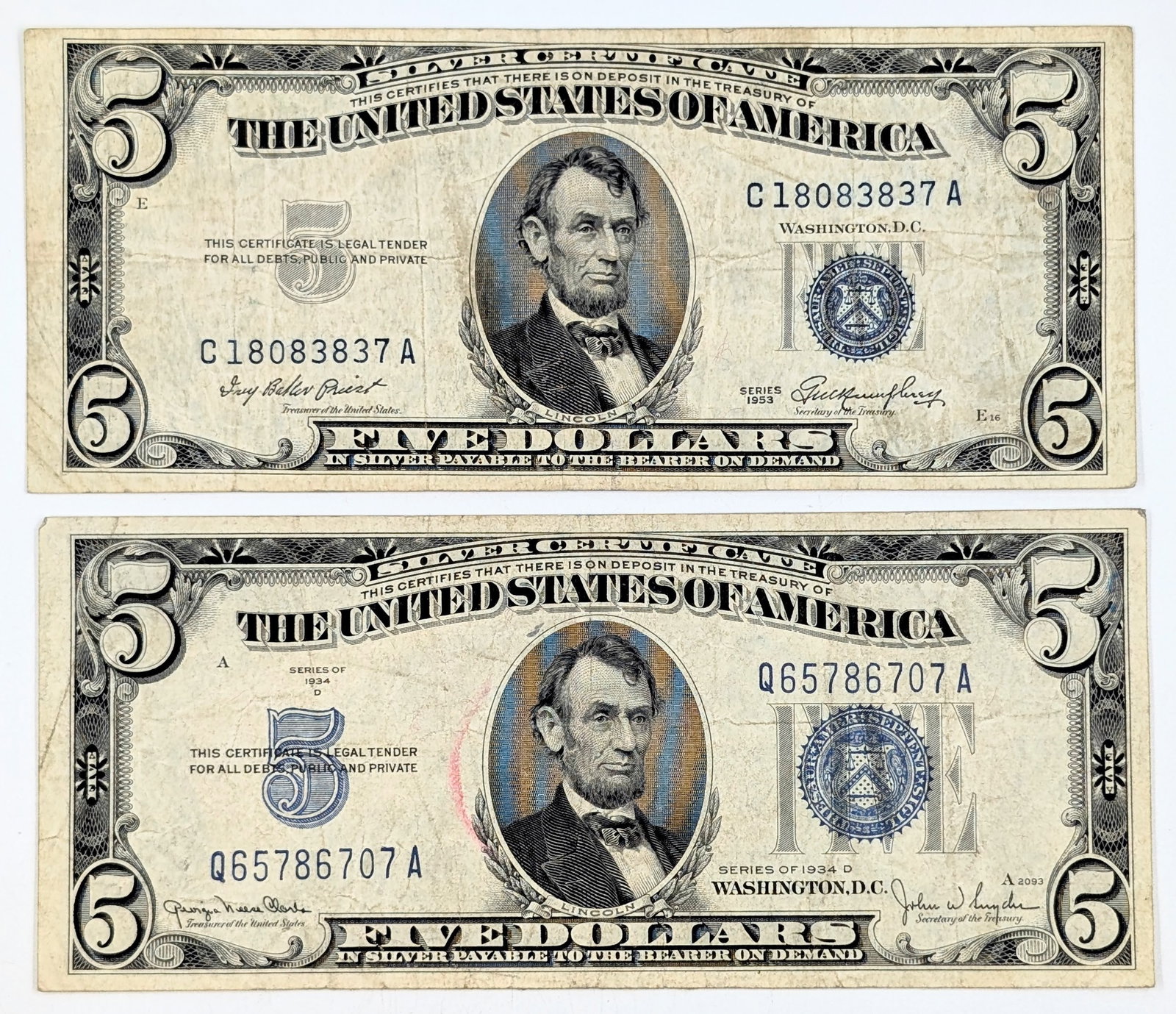 Lot of 2- 1934-D, 1953 $5 Notes - Silver Certificate (1 of 2)
