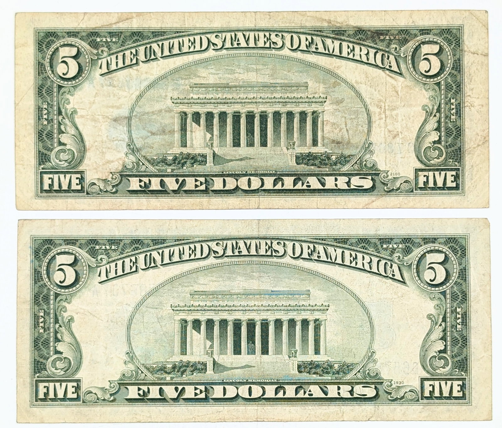 Lot of 2- 1934-D, 1953 $5 Notes - Silver Certificate - 2