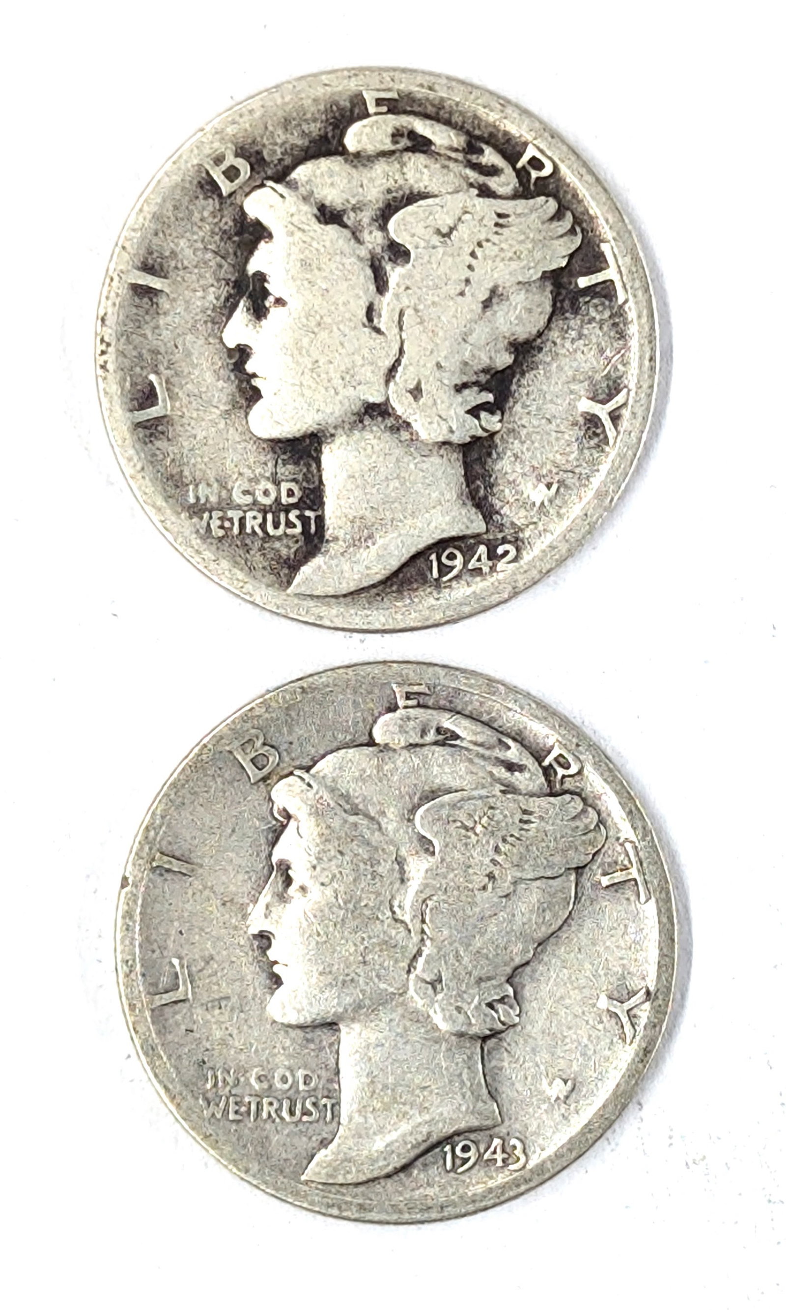 Lot of 2 Silver Mercury Dimes - 1942, 1943: Silver