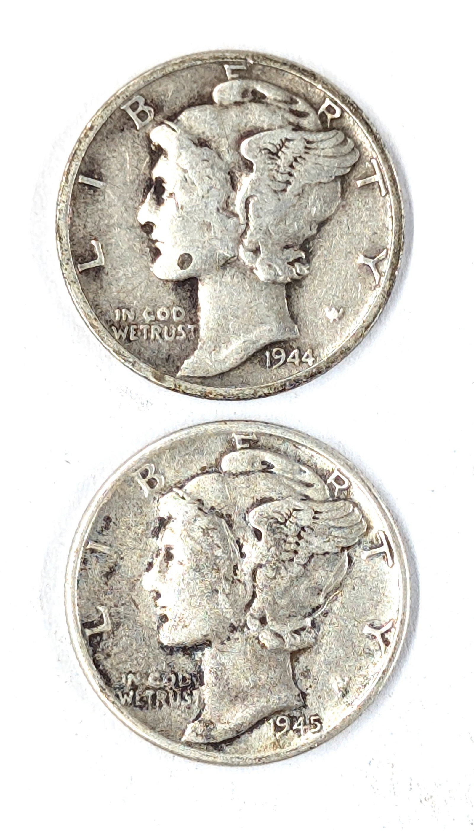Lot of 2 Silver Mercury Dimes - 1944, 1945: Silver