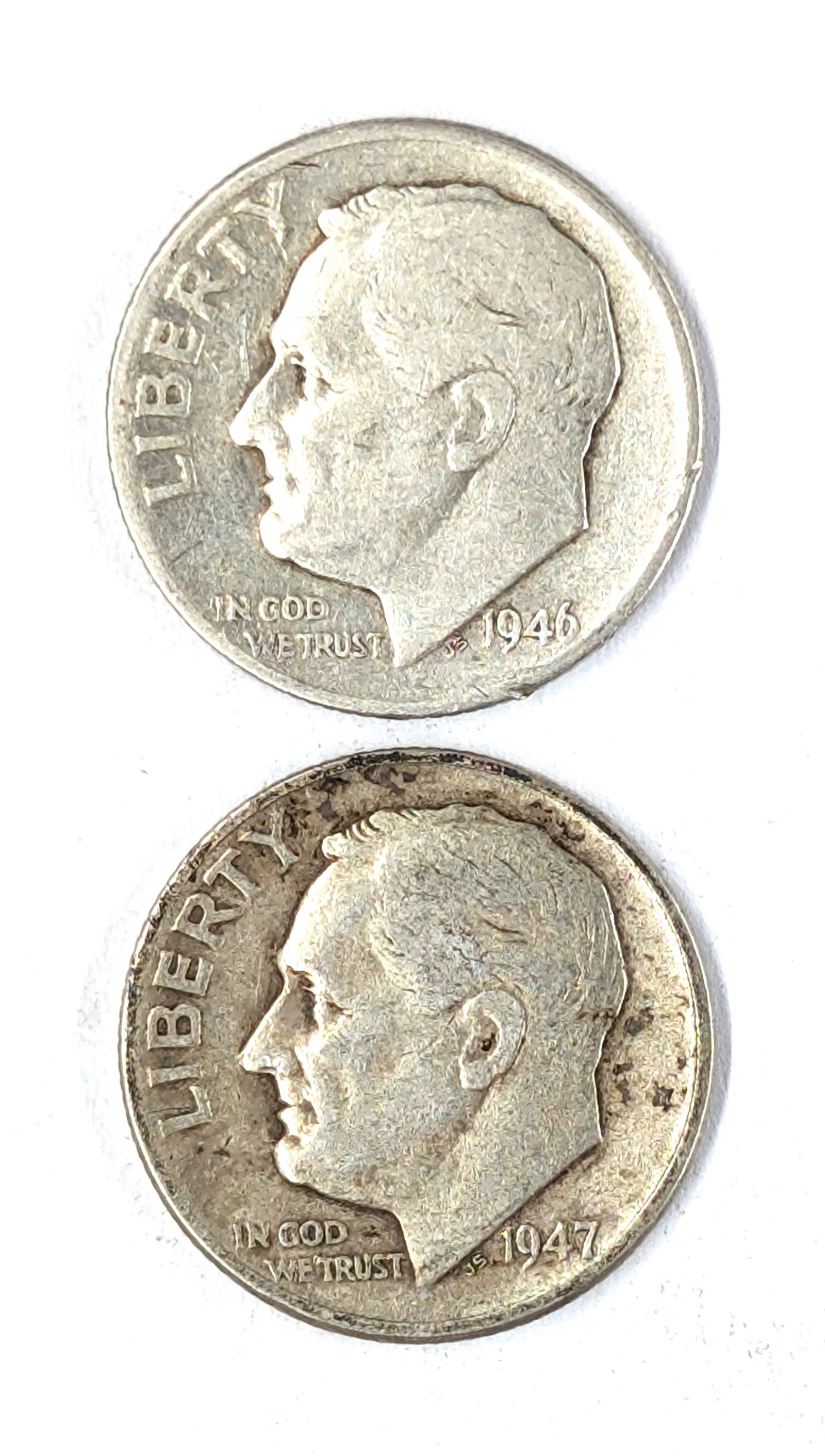 Lot of 2 Silver Roosevelt Dimes - 1946, 1947: Silver