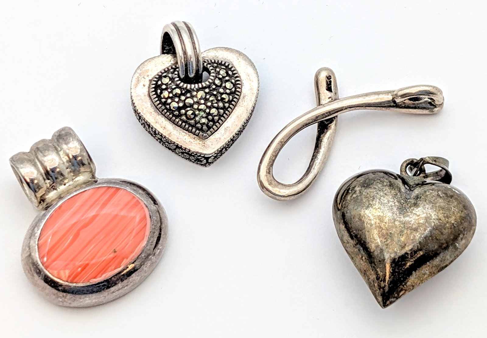 Lot of 4 Vintage Sterling Silver Pendants- Textured Heart, Solid Heart, Pink Stone, Wire style: Jewelry