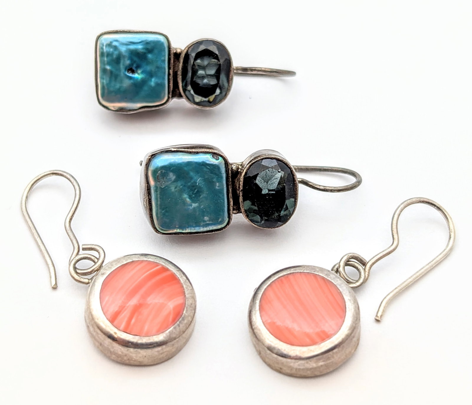 Lot of 2 Vintage Sterling Silver Earrings- Blue Stone, Pink Stone: Jewelry