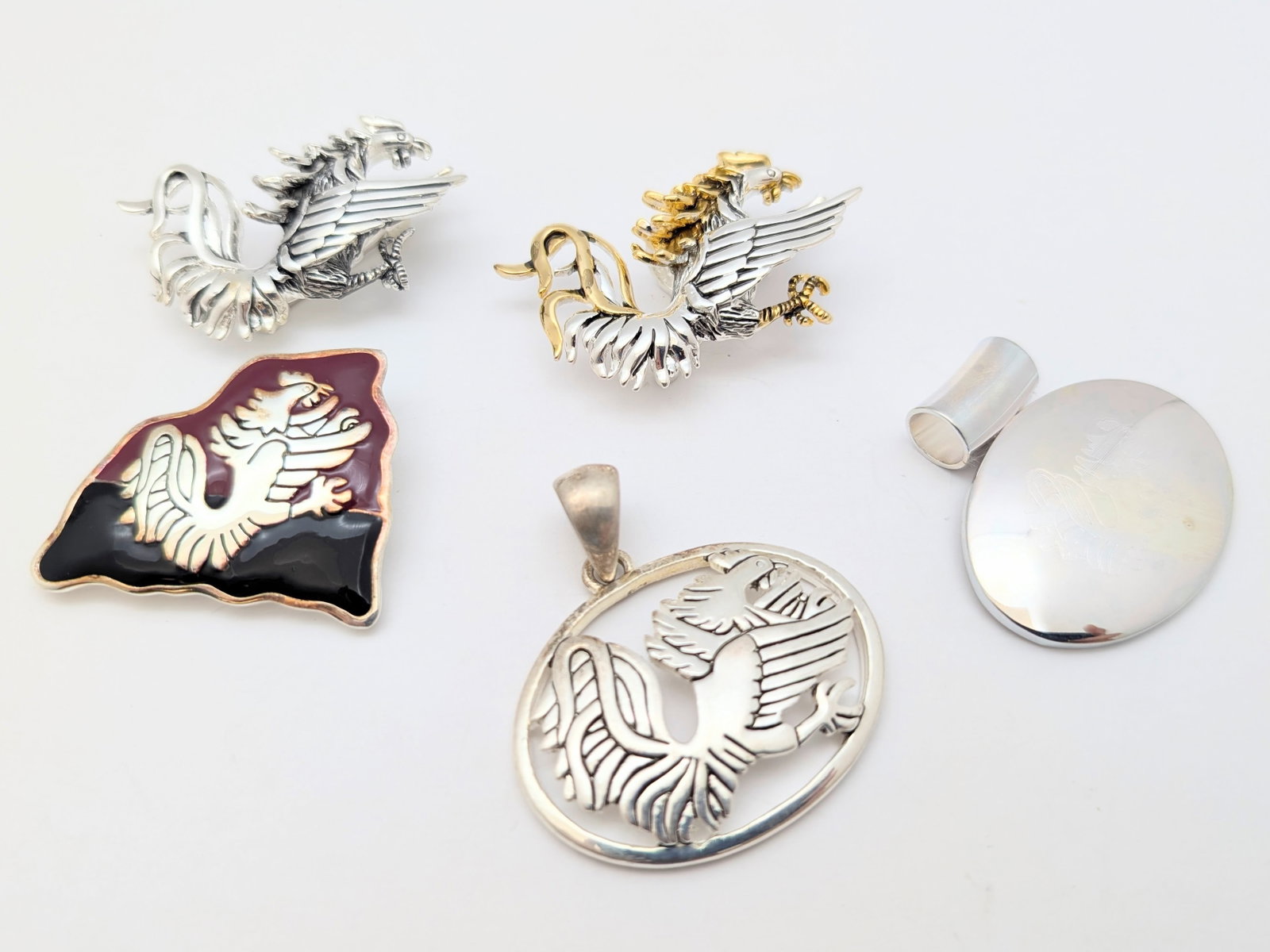 Lot of 5 Silver Toned Gamecock Pendants/Brooches: Jewelry