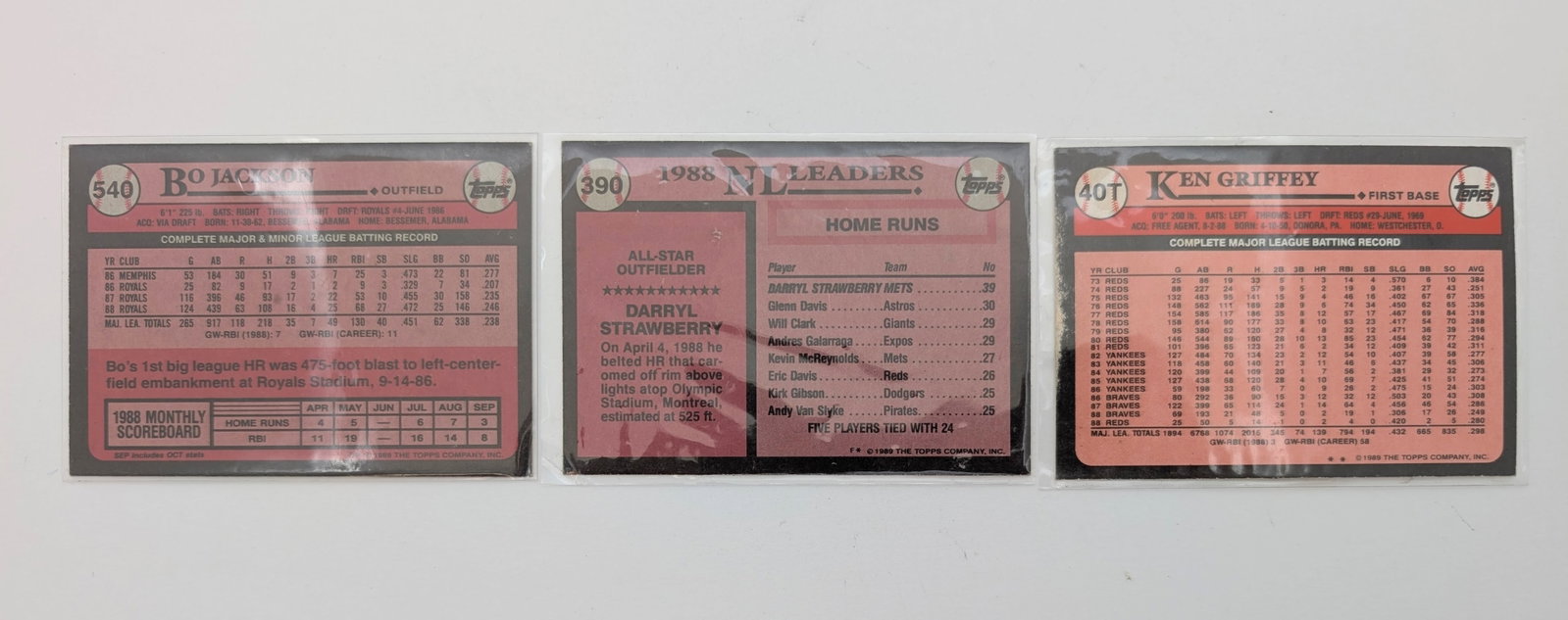 Lot of 6 MLB Trading Cards- Nolan Ryan, Bo Jackson, Darryl Strawberry, Ken Griffey - 3