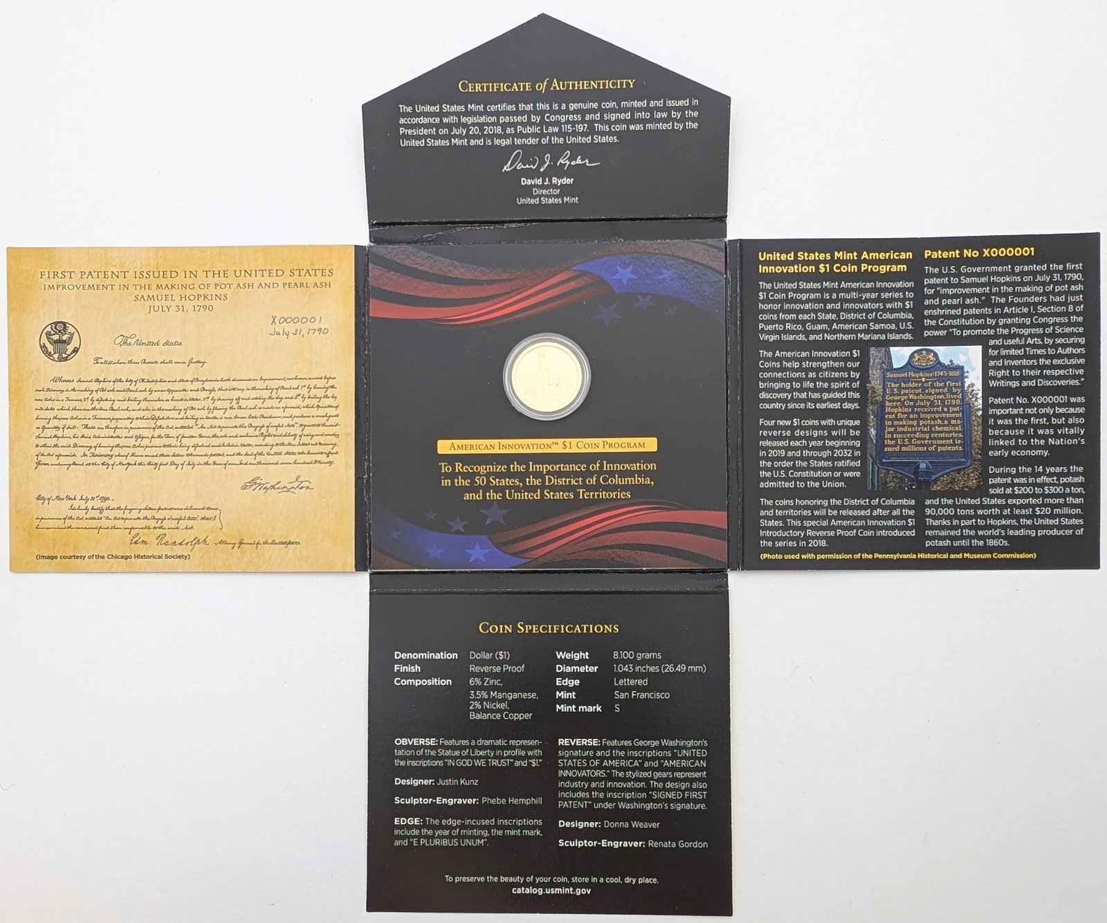 2018 Introductory American Innovation $1 Coin w/ COA - Signed by David J. Ryder: Coin