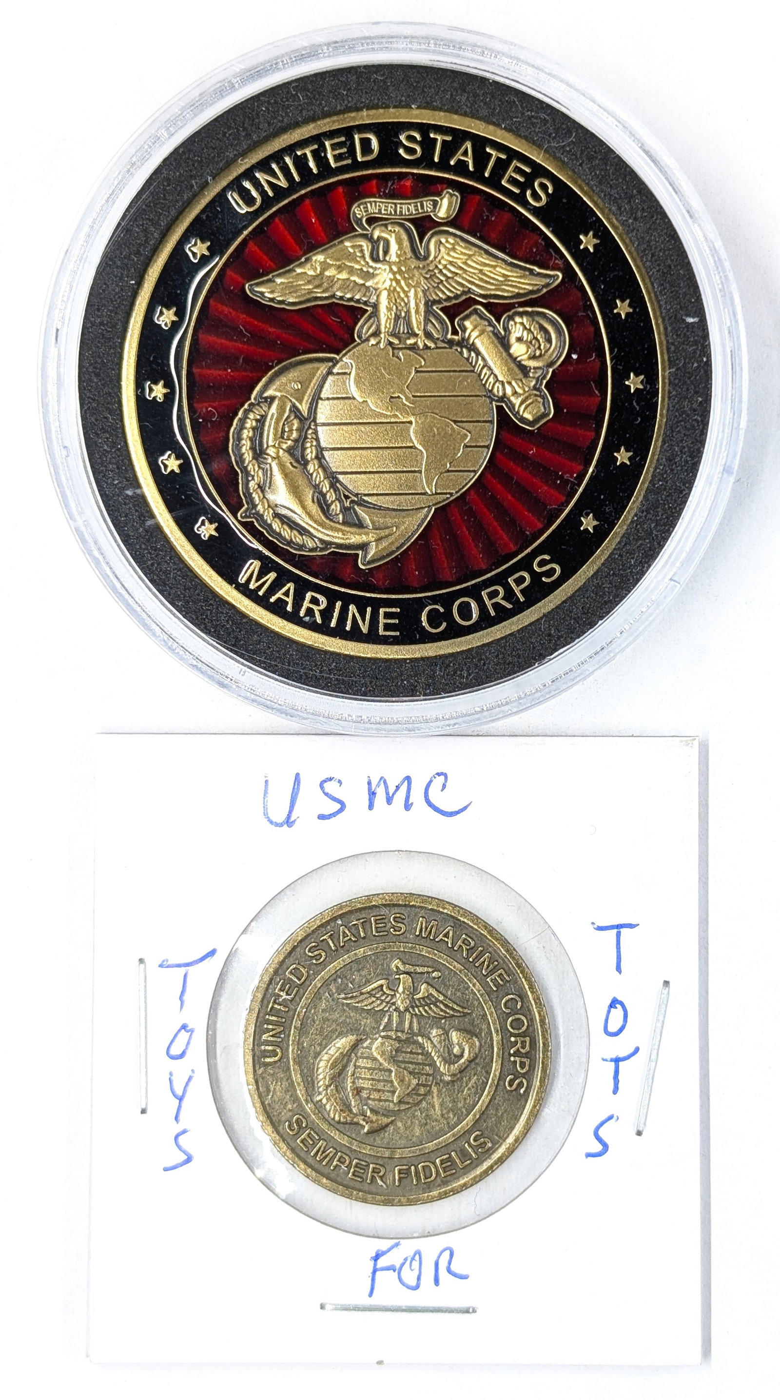 Lot of 2 USMC Marine Corp Tokens - Iwo Jima & Toys for Tots (1 of 2)
