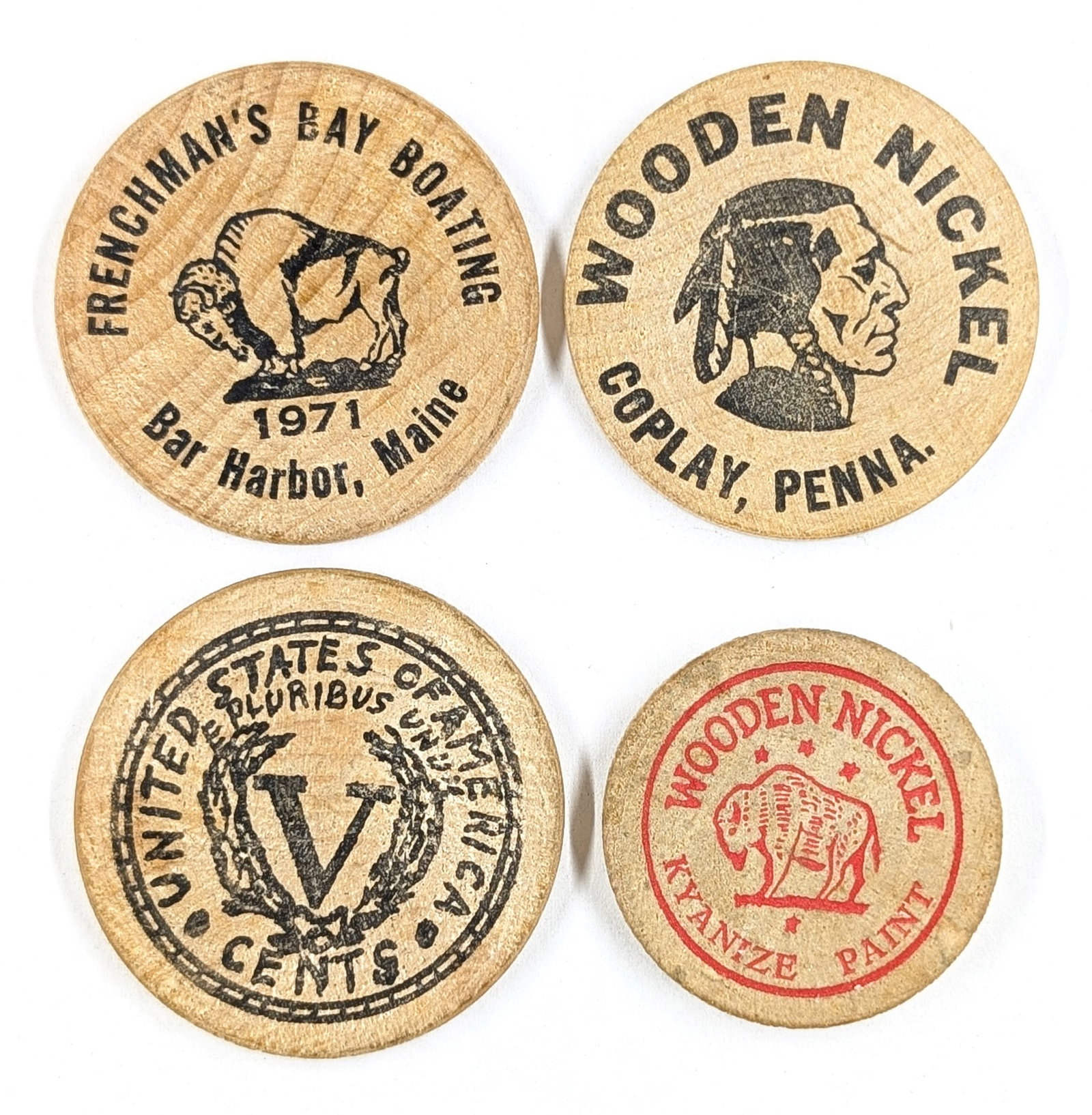 Lot of 4 Wooden Coins & Tokens (1 of 2)