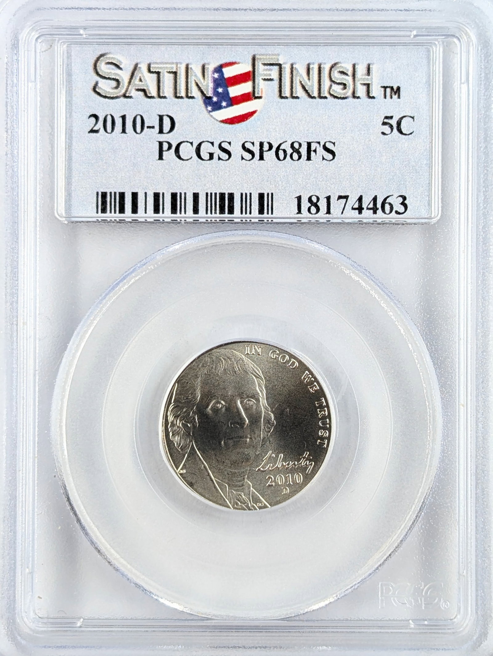 PCGS 2010-D SP68 FS Jefferson Nickel: Coin
