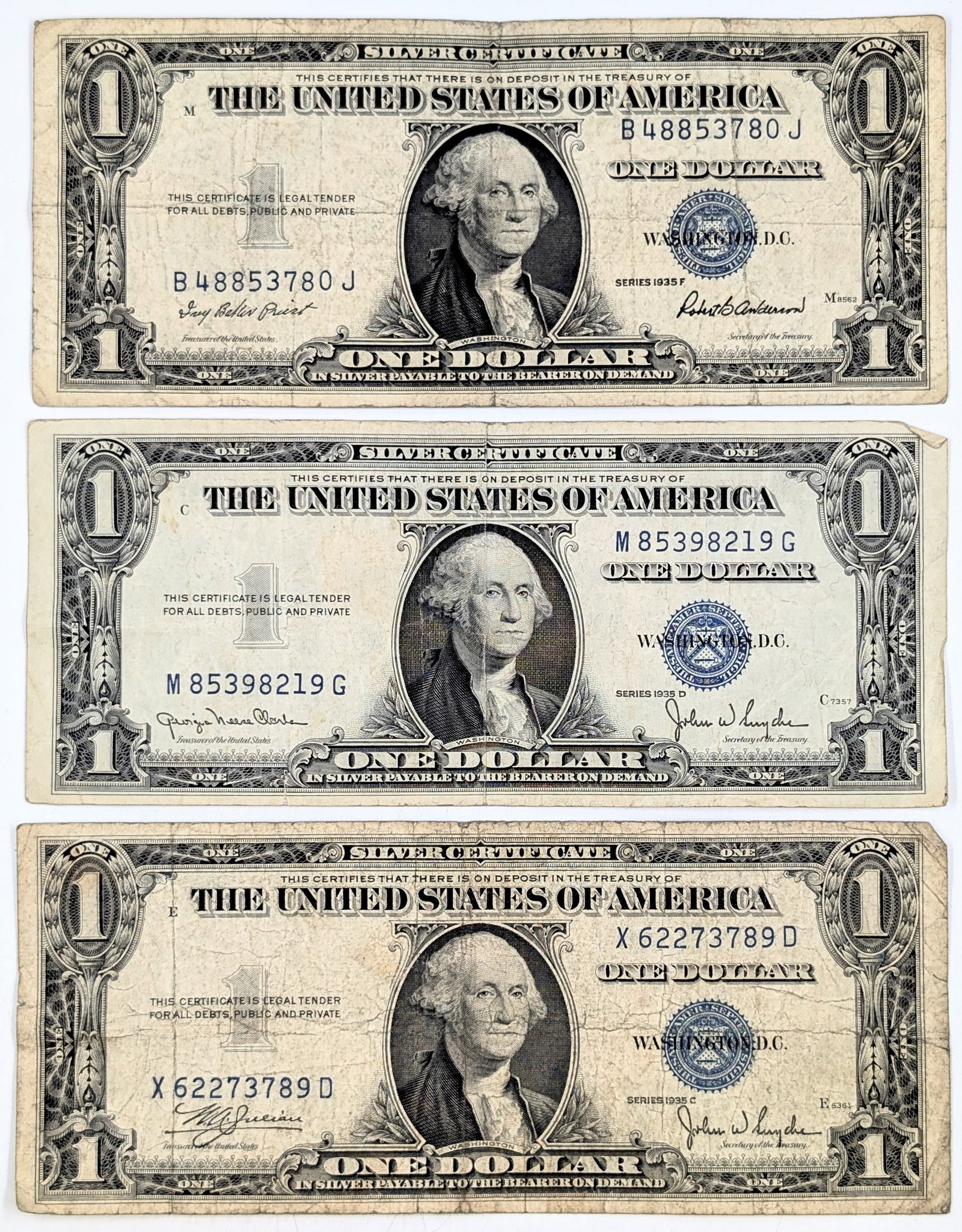 Lot of 3- 1935 $1 Notes - Silver Certificate: Circulated
