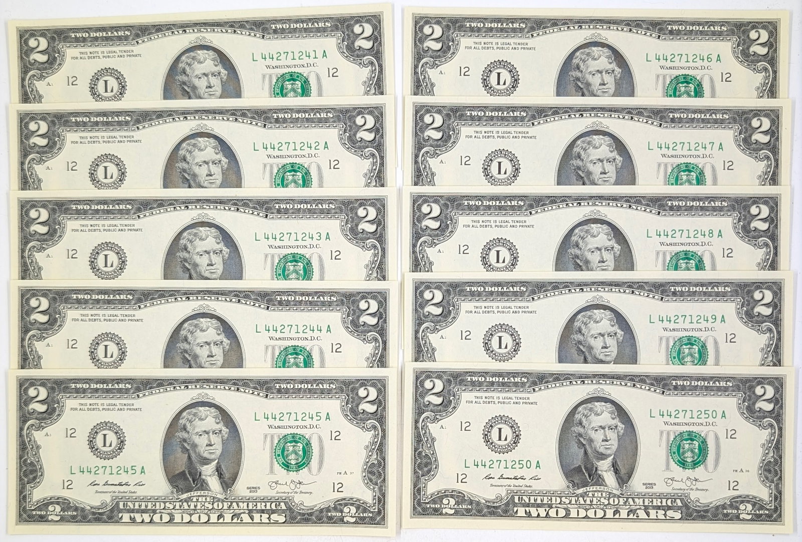 Lot of 10 Uncirculated Sequential 2013 $2 Notes - Green Seals: 1 of 2