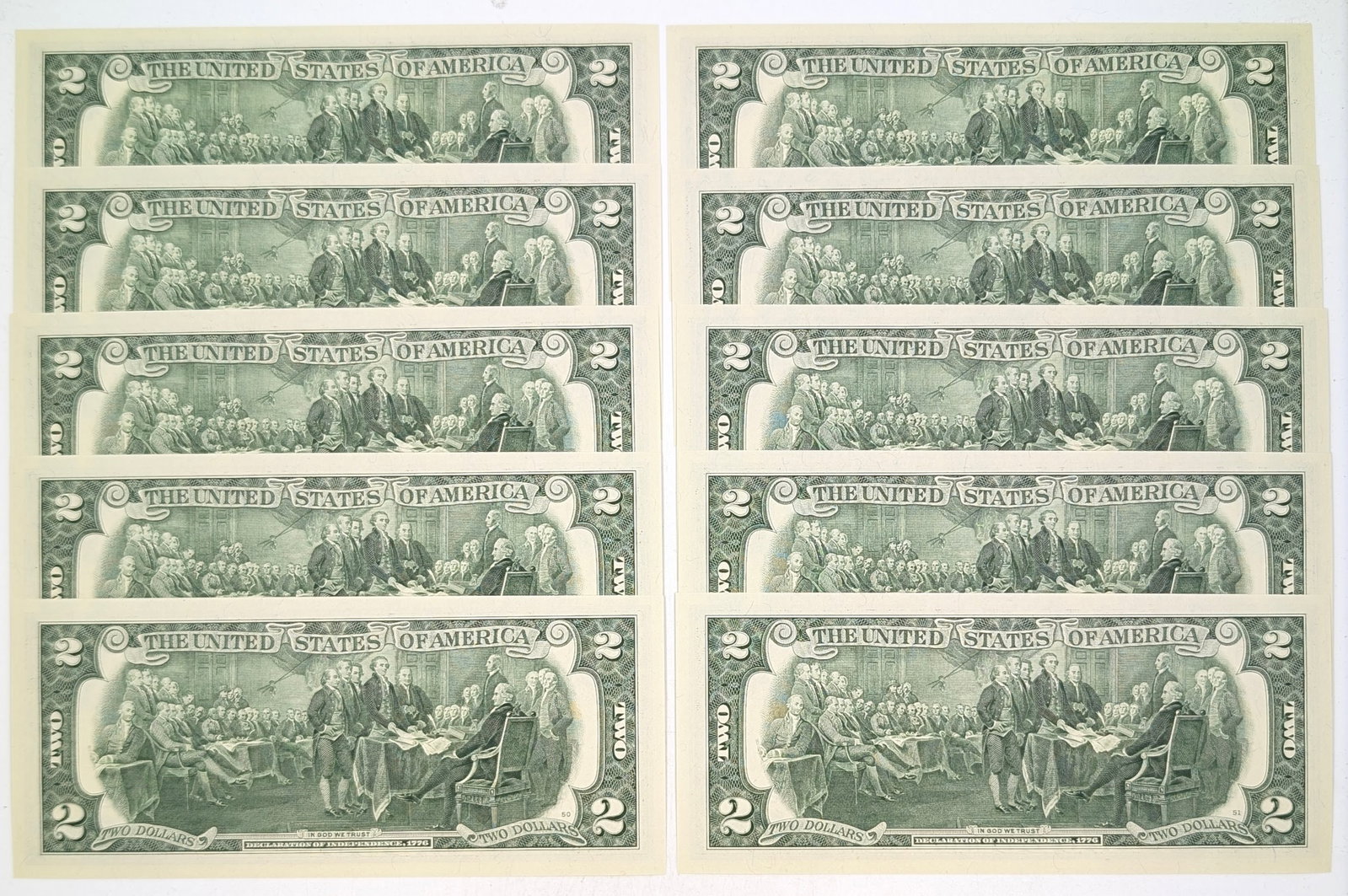 Lot of 10 Uncirculated Sequential 2013 $2 Notes - Green Seals - 2