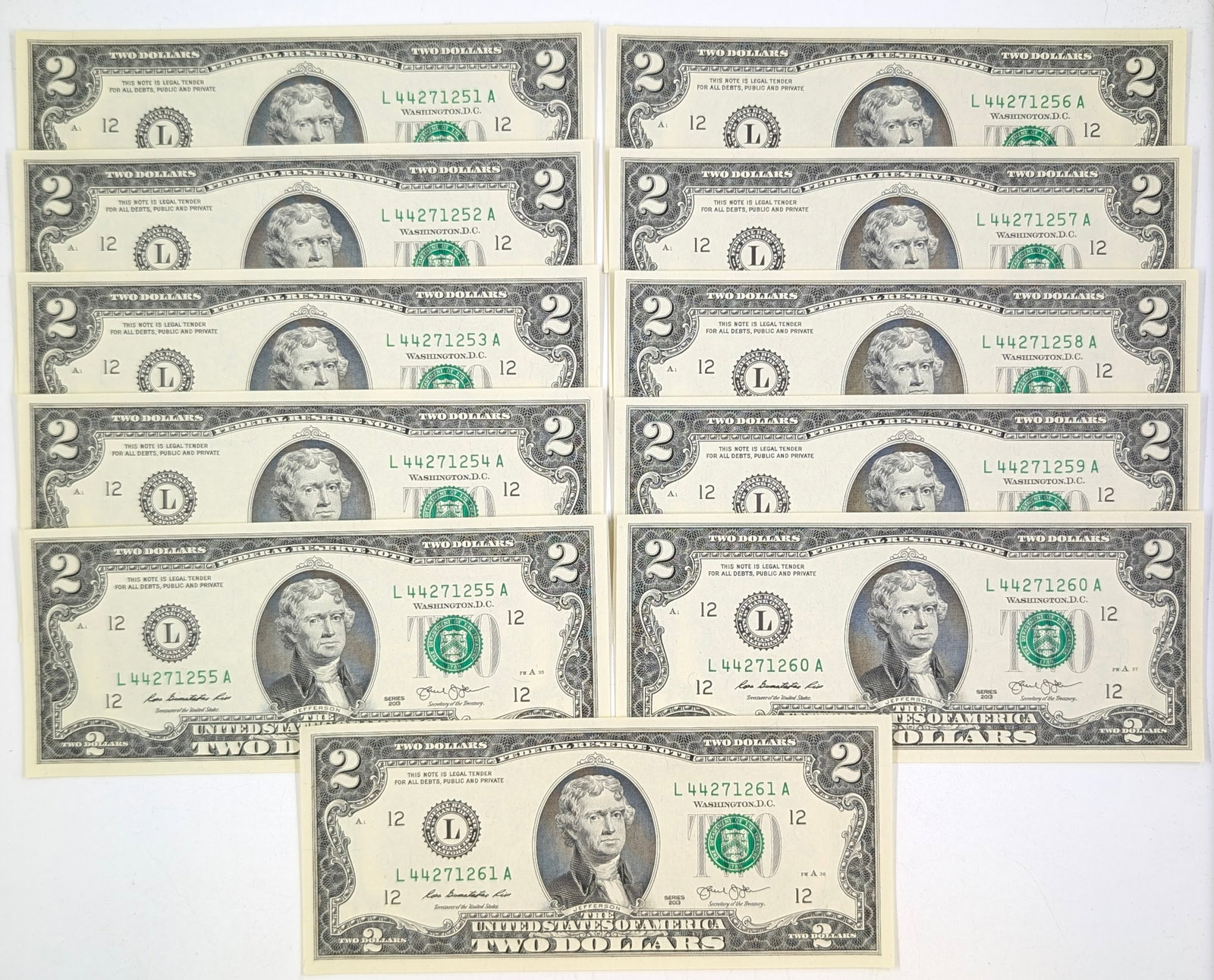 Lot of 11 Uncirculated Sequential 2013 $2 Notes - Green Seals (1 of 2)