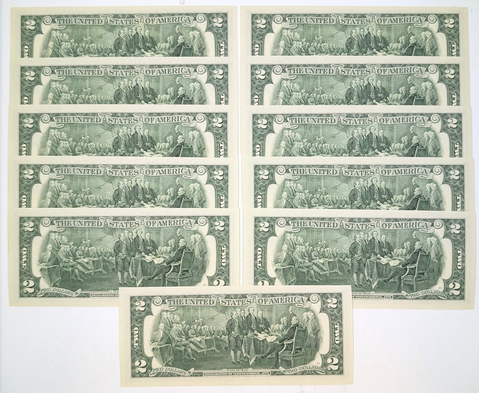 Lot of 11 Uncirculated Sequential 2013 $2 Notes - Green Seals - 2