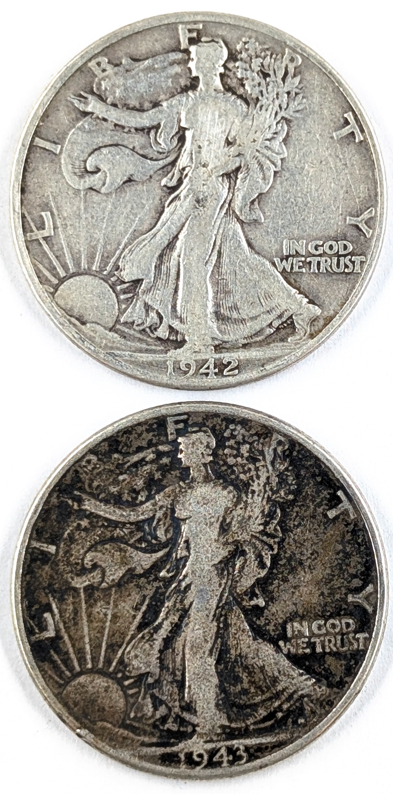 Lot of 2 Silver Walking Liberty Half Dollars- 1942, 1943: Silver