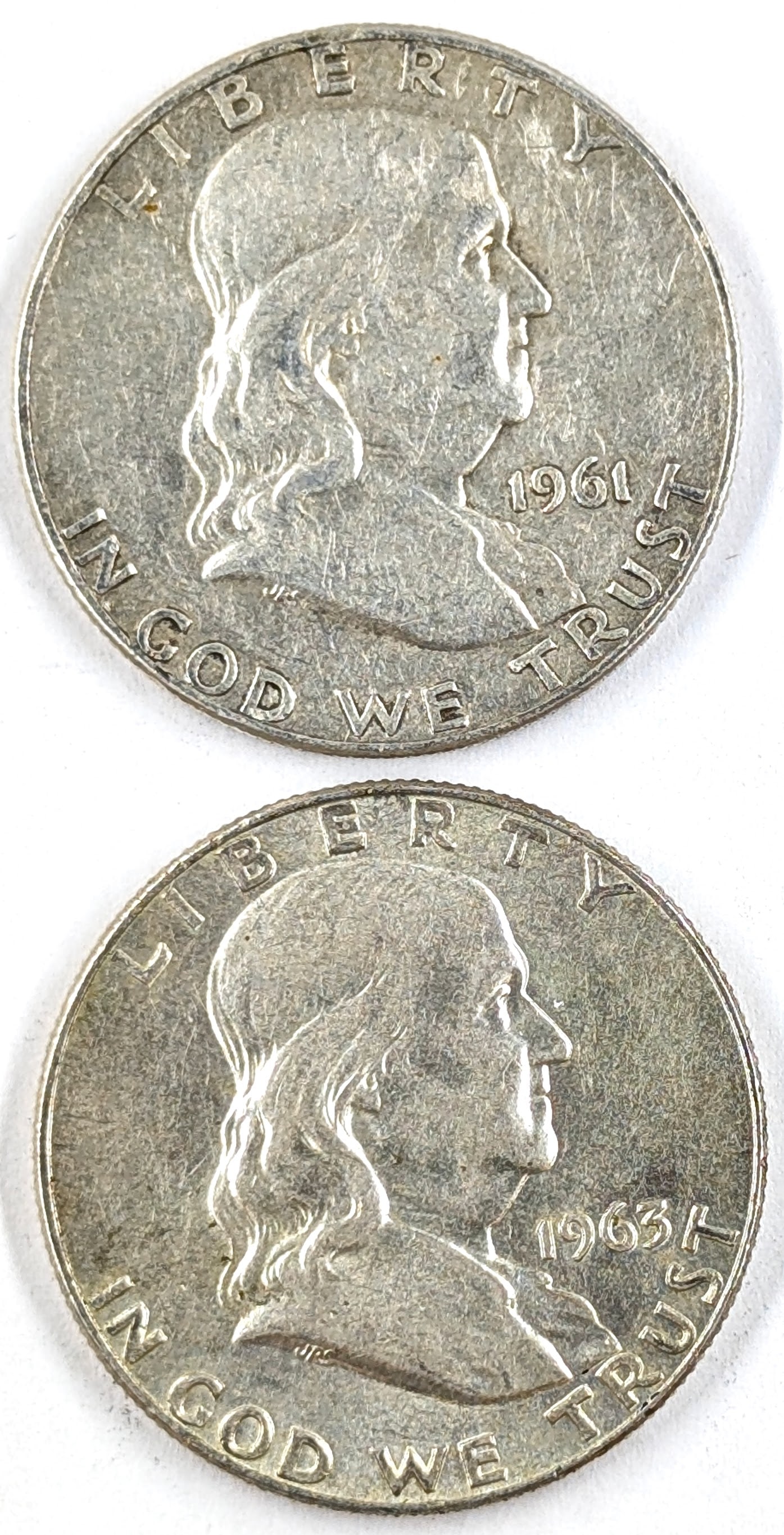 Lot of 2 Silver Franklin Half Dollars- 1961-D, 1963-D: Silver