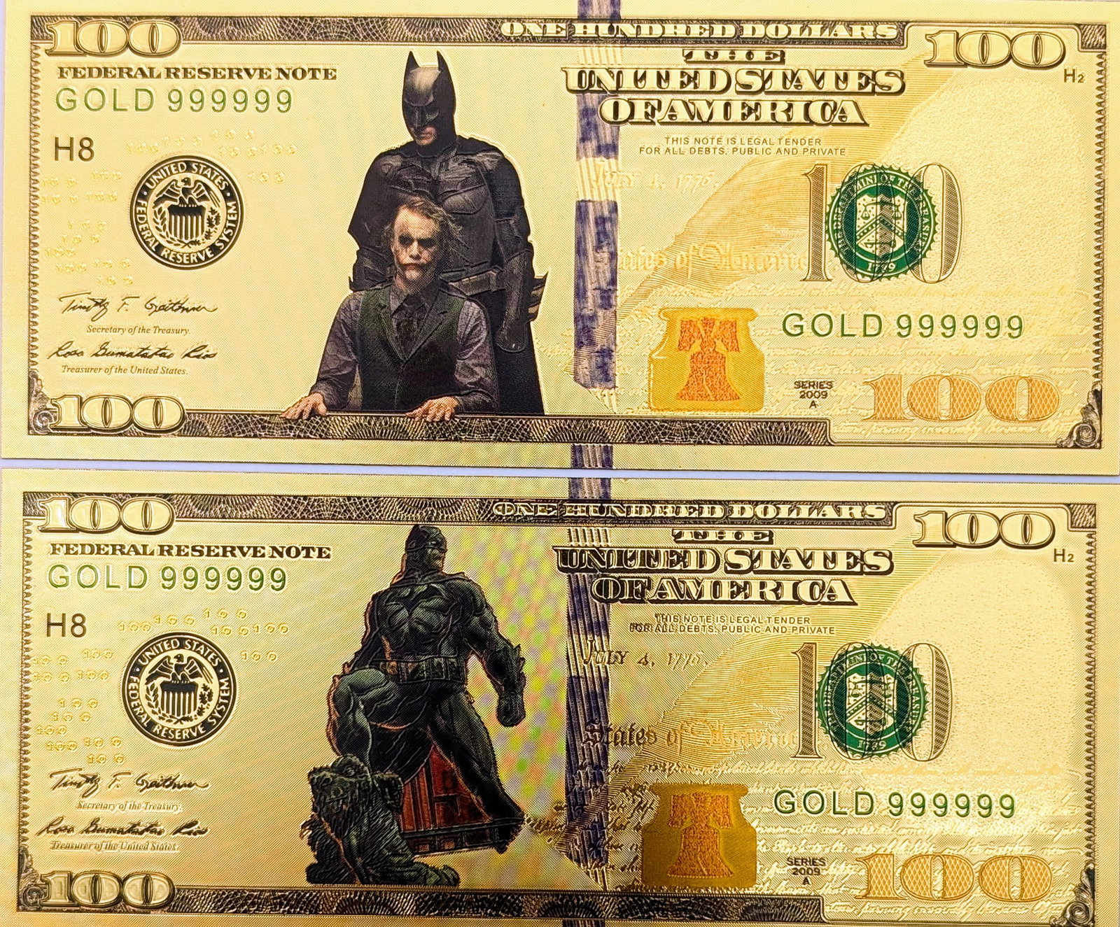 Lot of 2 Batman & Joker Gold foil $100 design (1 of 2)