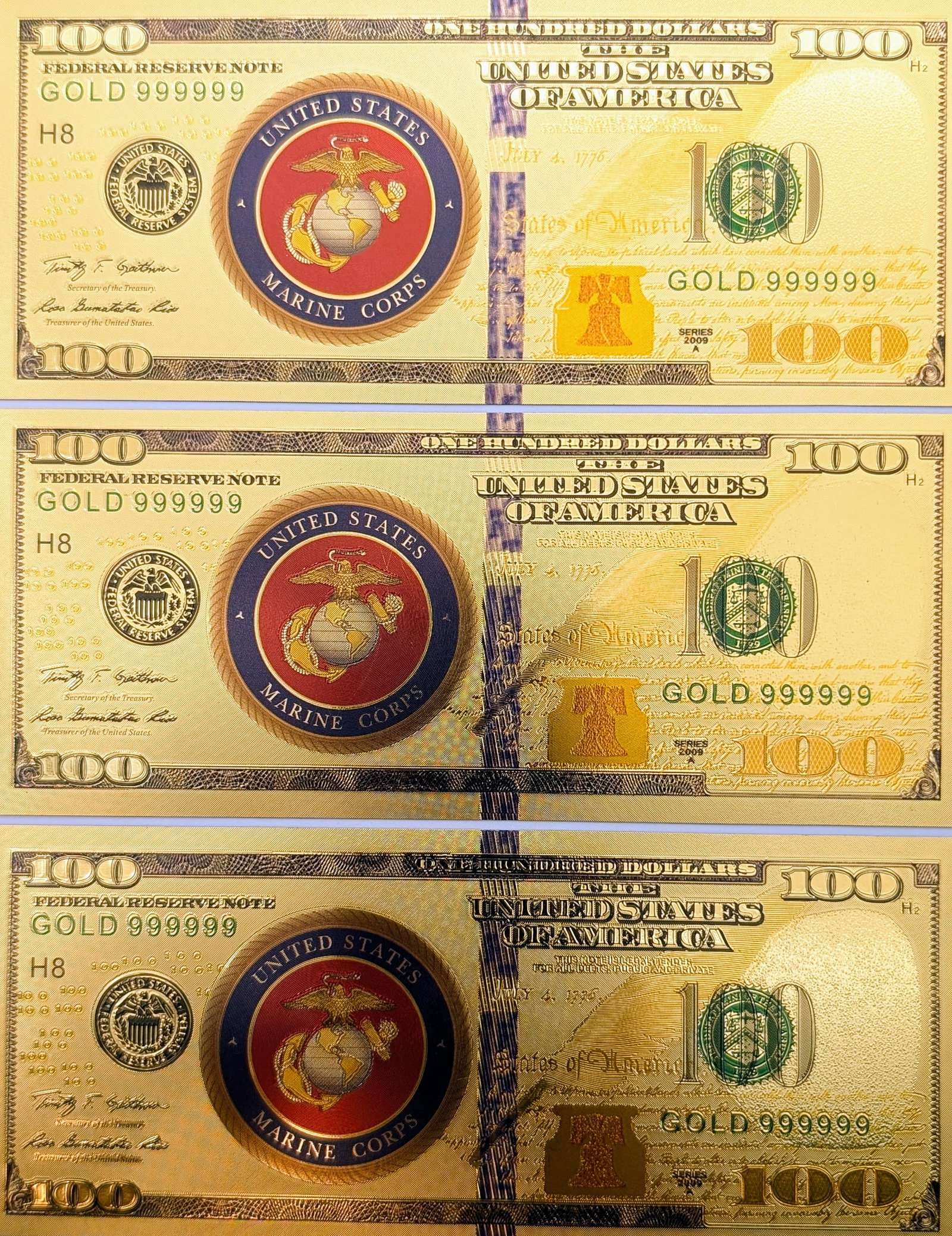 Lot of 3 US Marine Corps Gold foil $100 design (1 of 2)
