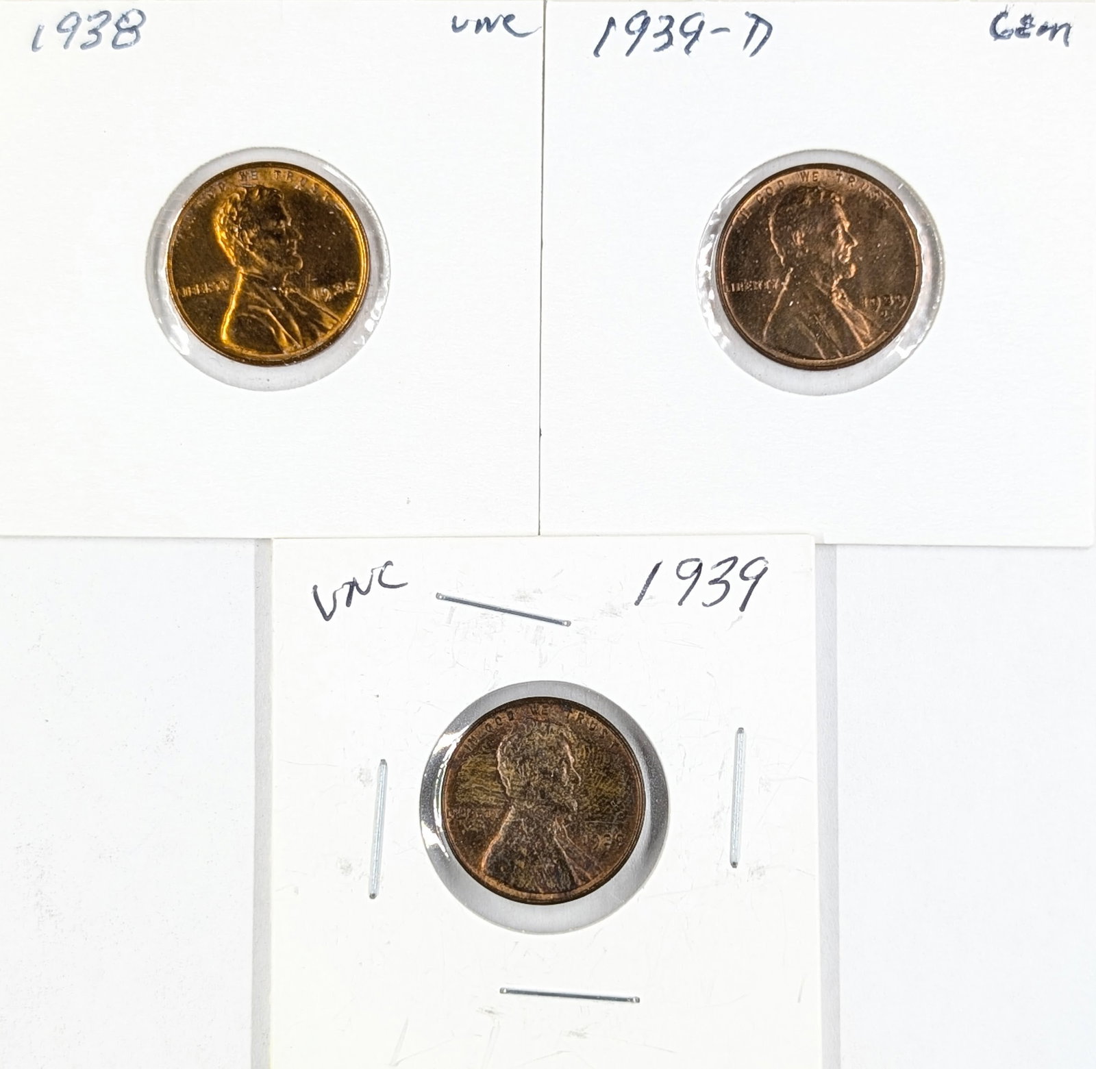 Lot of 3 Wheat Cents - 1938, 1939 P/D - Most Uncirculated: Coin