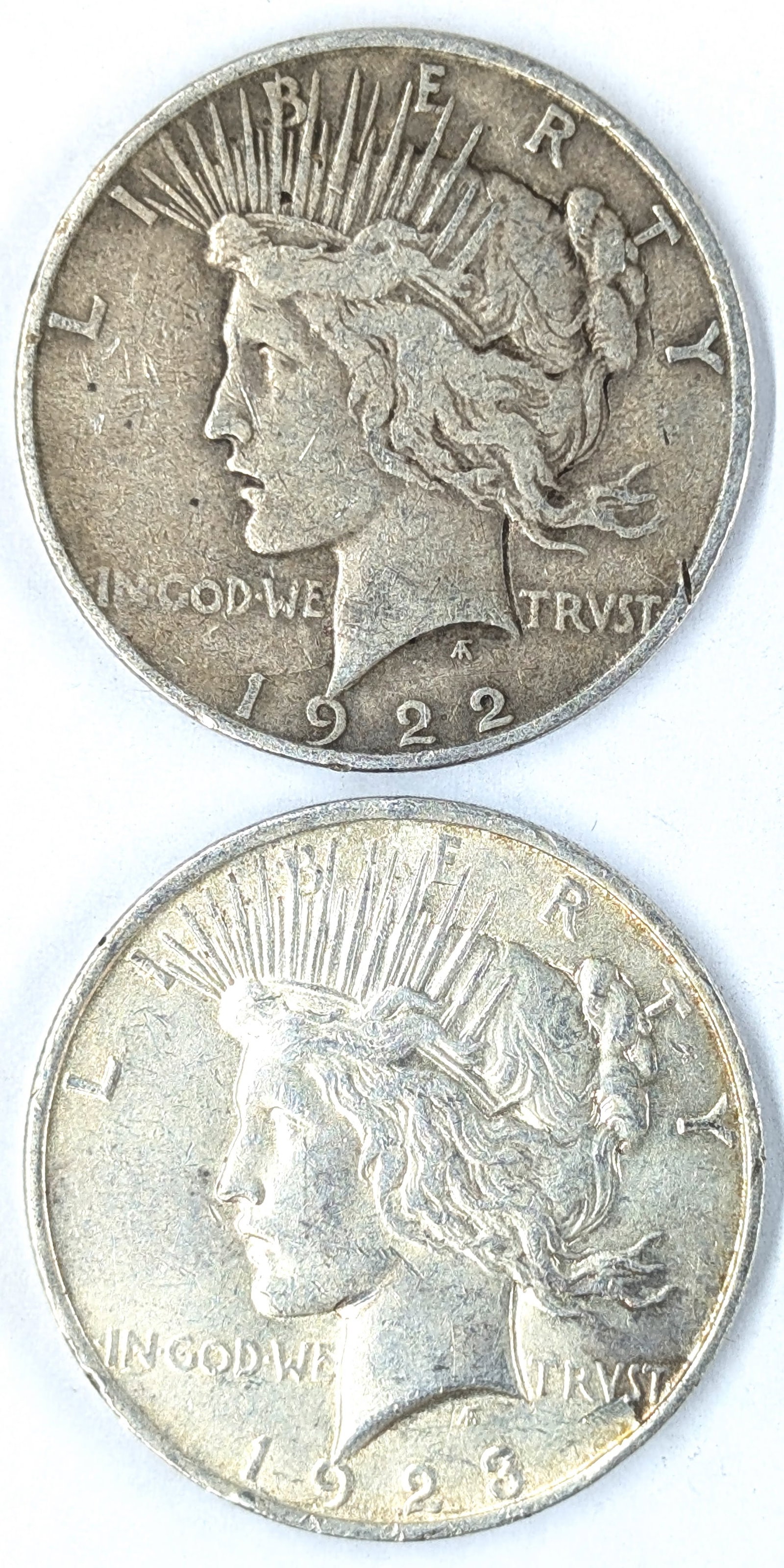 Lot of 2 Silver Peace Dollars - 1922-D, 1923: Silver
