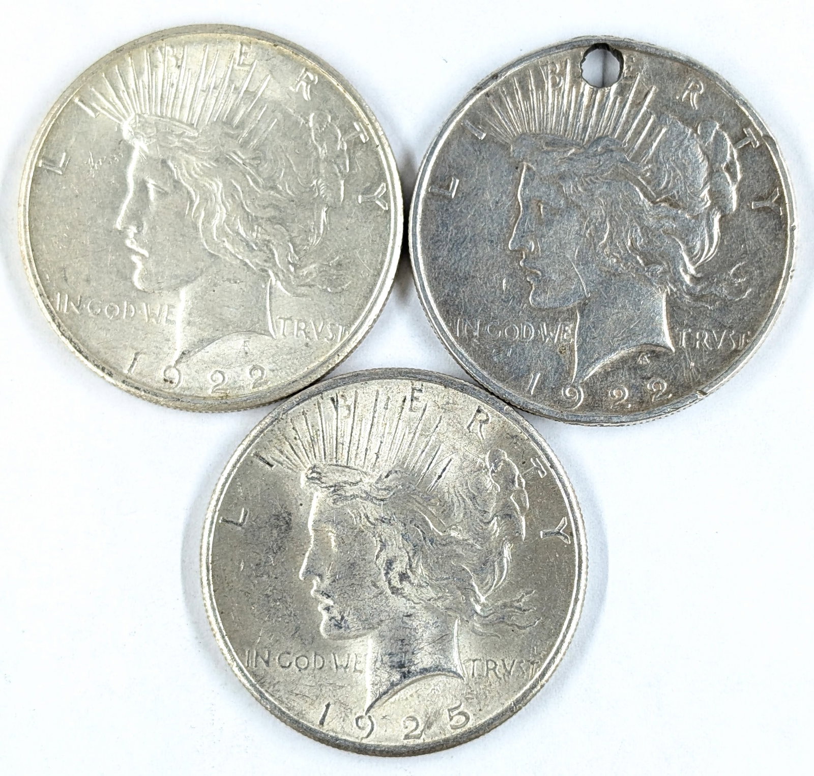 Lot of 3 Silver Peace Dollars - 1922 P/S, 1925 (1 of 2)