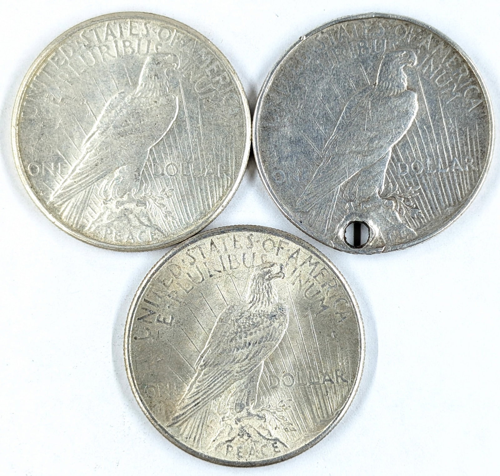Lot of 3 Silver Peace Dollars - 1922 P/S, 1925 - 2