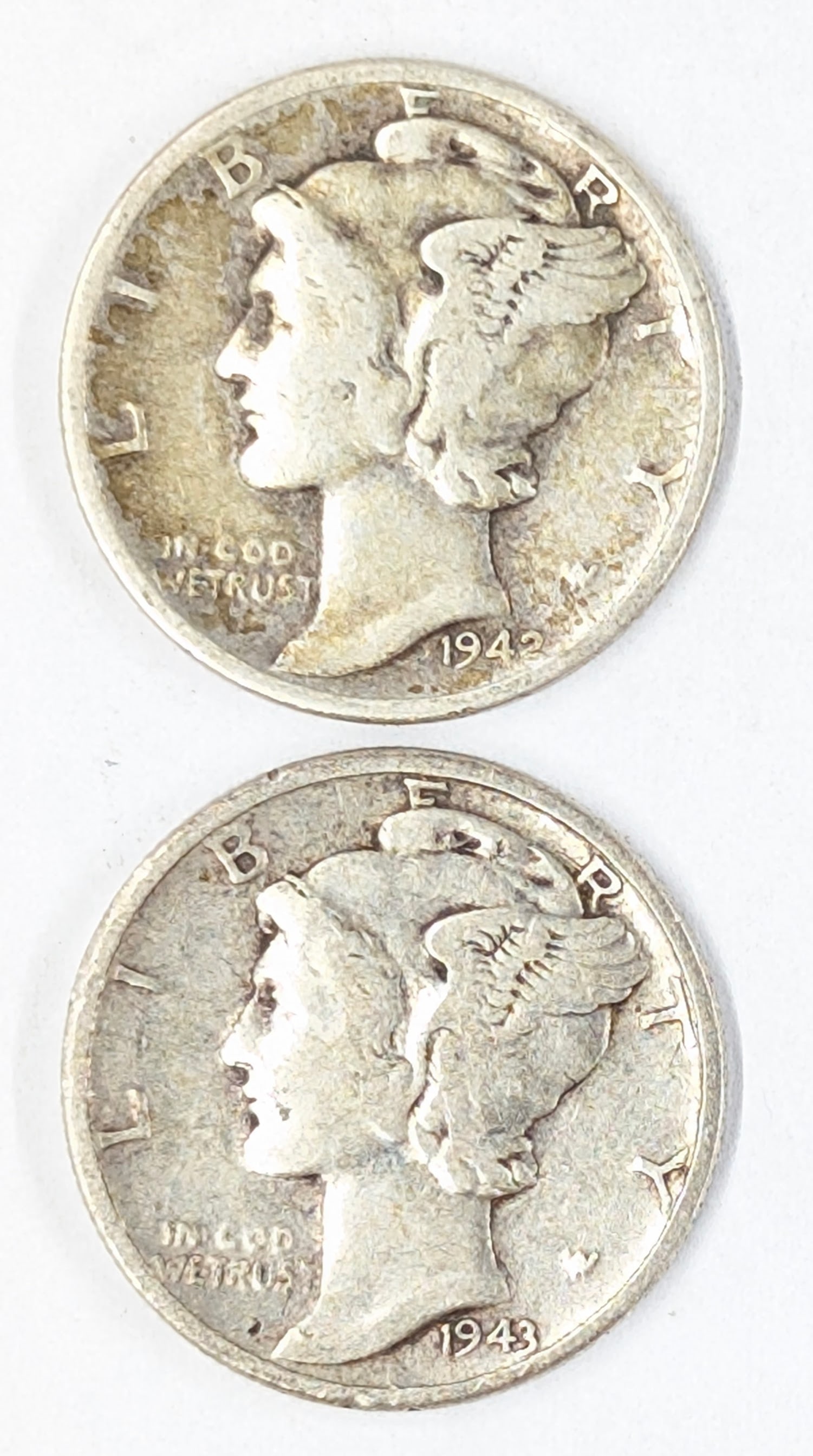 Lot of 2 Silver Mercury Dimes- 1942, 143: Silver