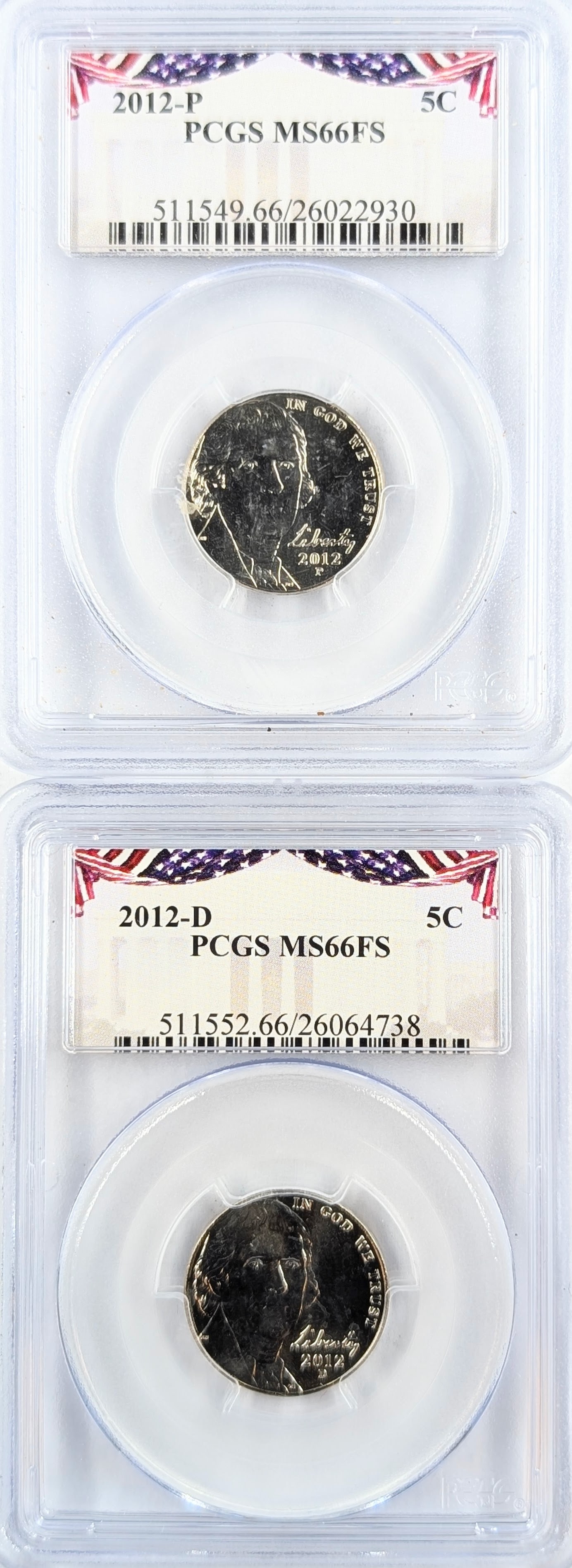 Lot of 2 PCGS 2012 P/D MS66 FS Jefferson Nickels: Coin