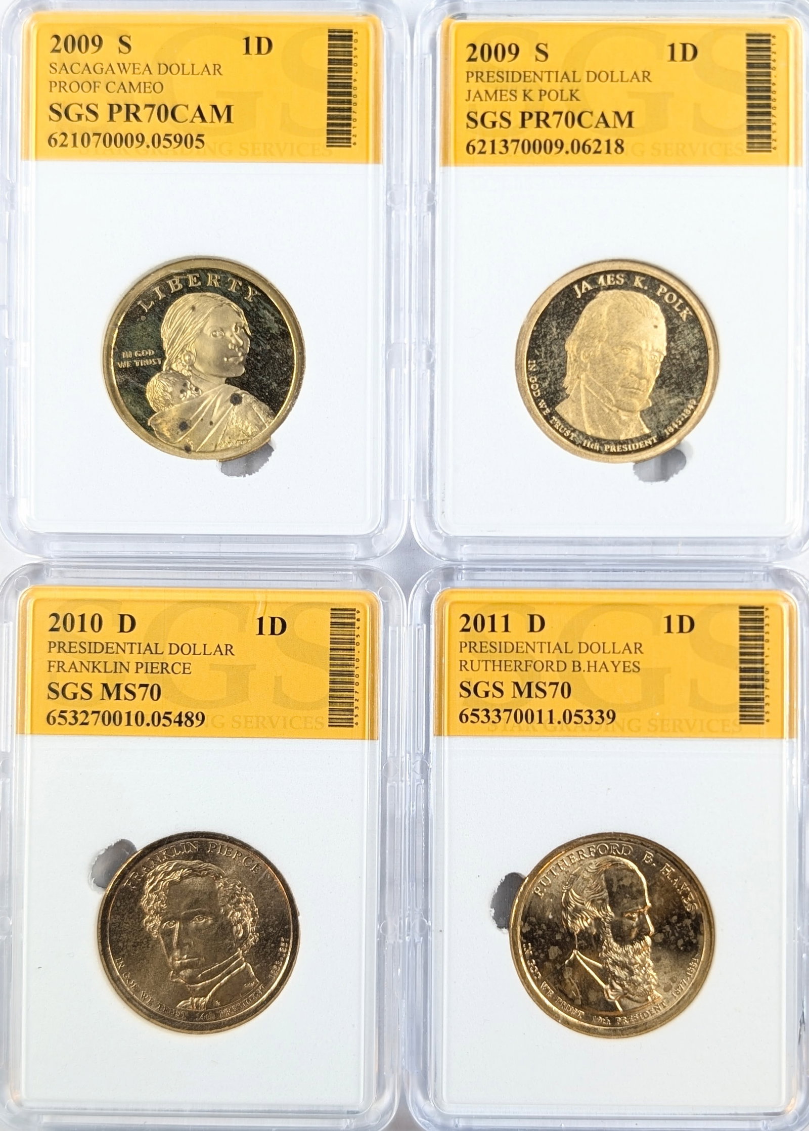 Lot of 4 SGS Dollars - PR70CAM Sacagawea & Polk, MS70 Pierce & Hayes: Coin
